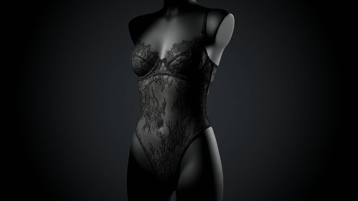 Three-quarter view of a black lace bodysuit's architectural strap structure against a dark backdrop