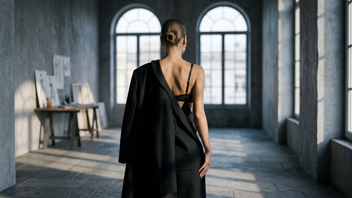 Three-quarter view of a structured black lingerie set worn beneath an open tailored coat in a stone-walled atelier interior, showing the architectural strap construction.