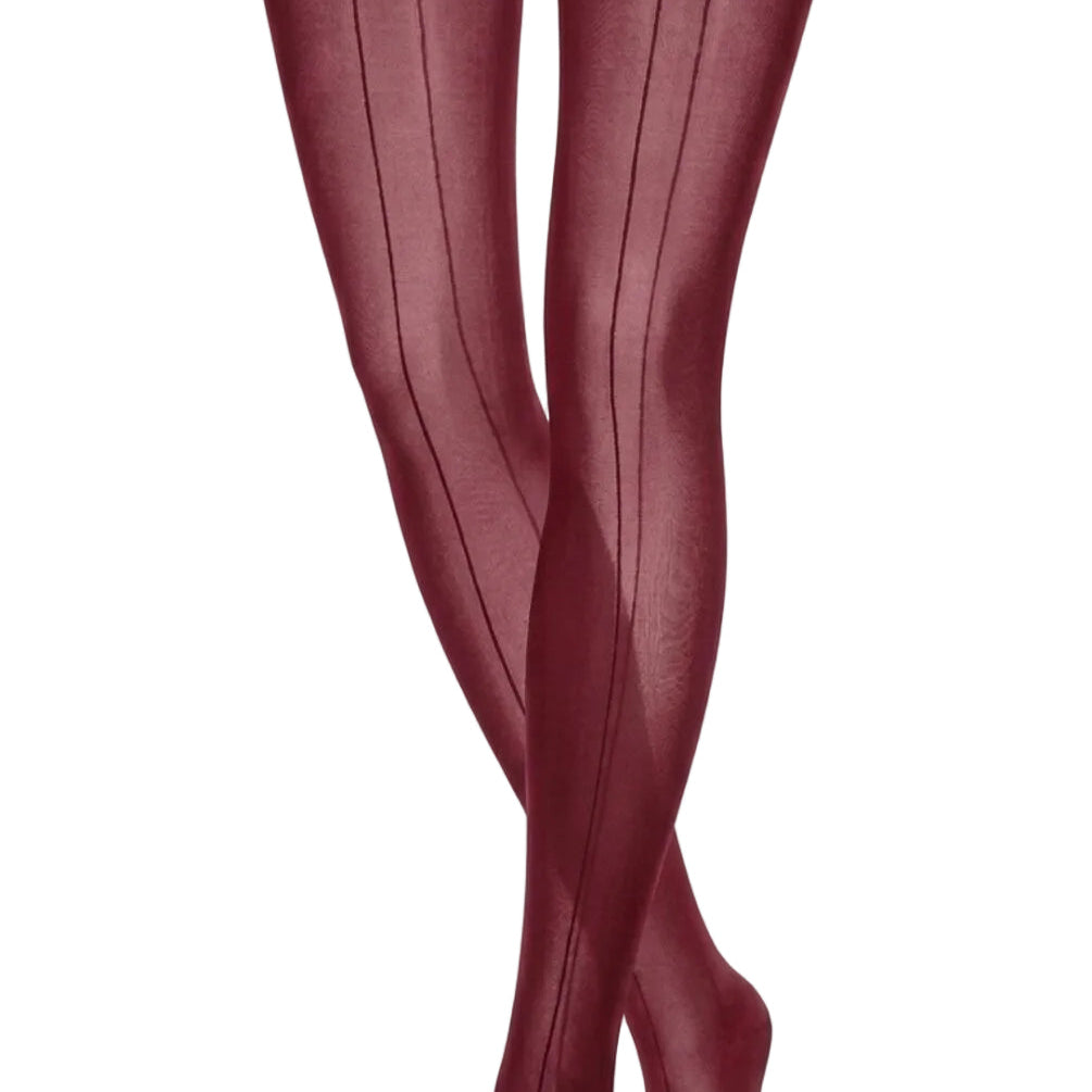 Front view of sheer bordeaux stockings with a fine contrast back-seam line.