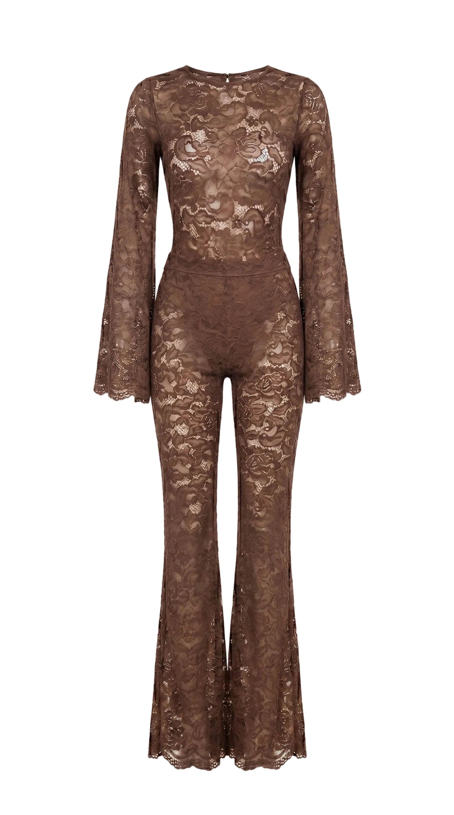 Regal brown Amalia Empress lace suit with dramatic flared sleeves.
