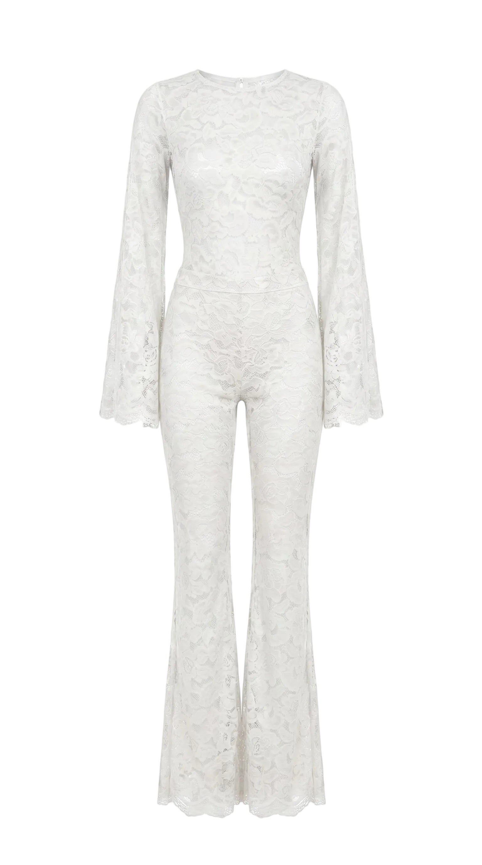 Regal white Amalia Empress lace suit with dramatic flared sleeves.