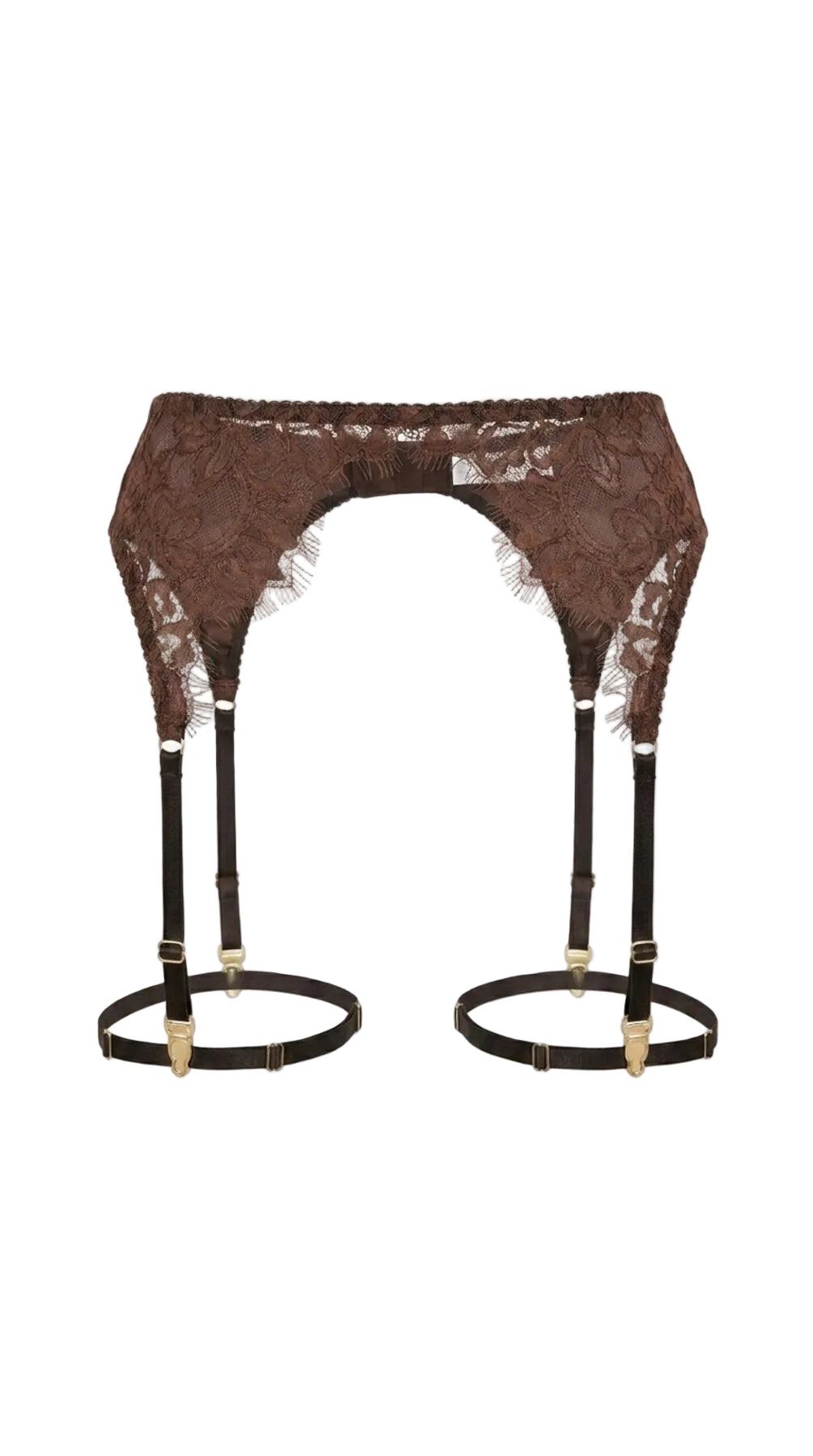 Product shot of the Amber brown lace garter belt on a white background, showing the scalloped lace trim and gold clip hardware.