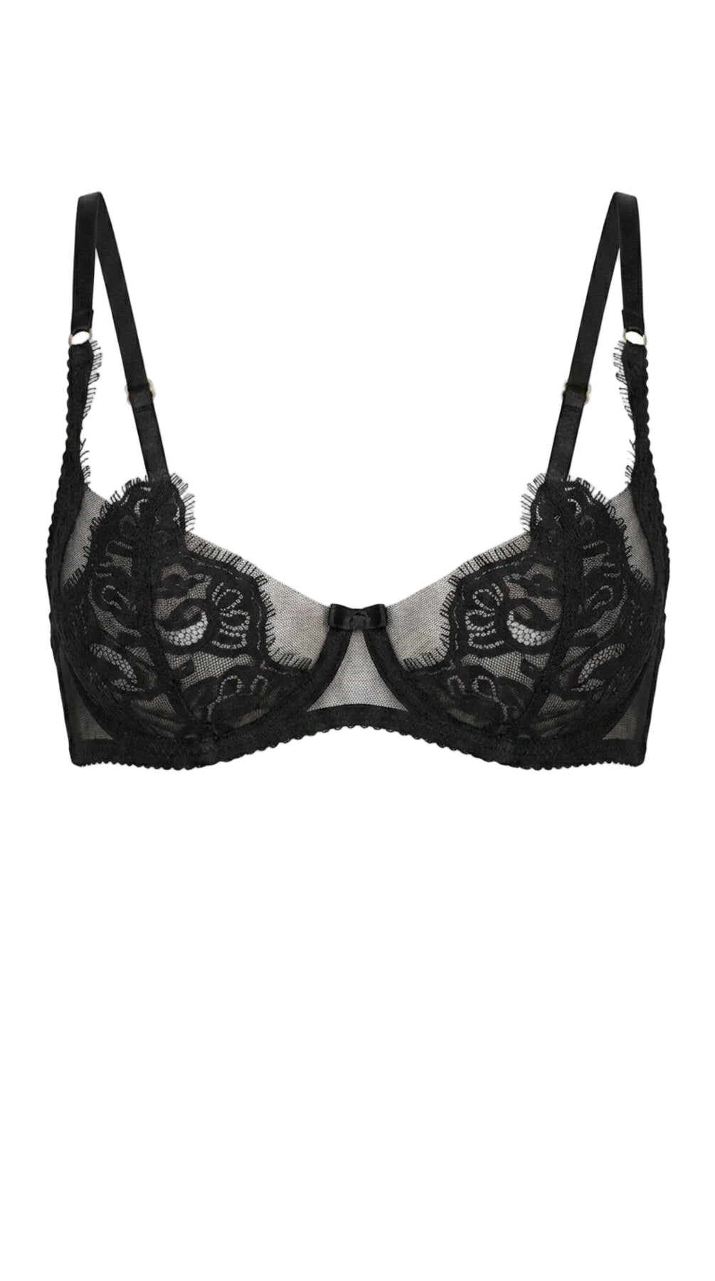 Flat-lay of the Amella black lace bra with sheer mesh cups and floral lace trim.