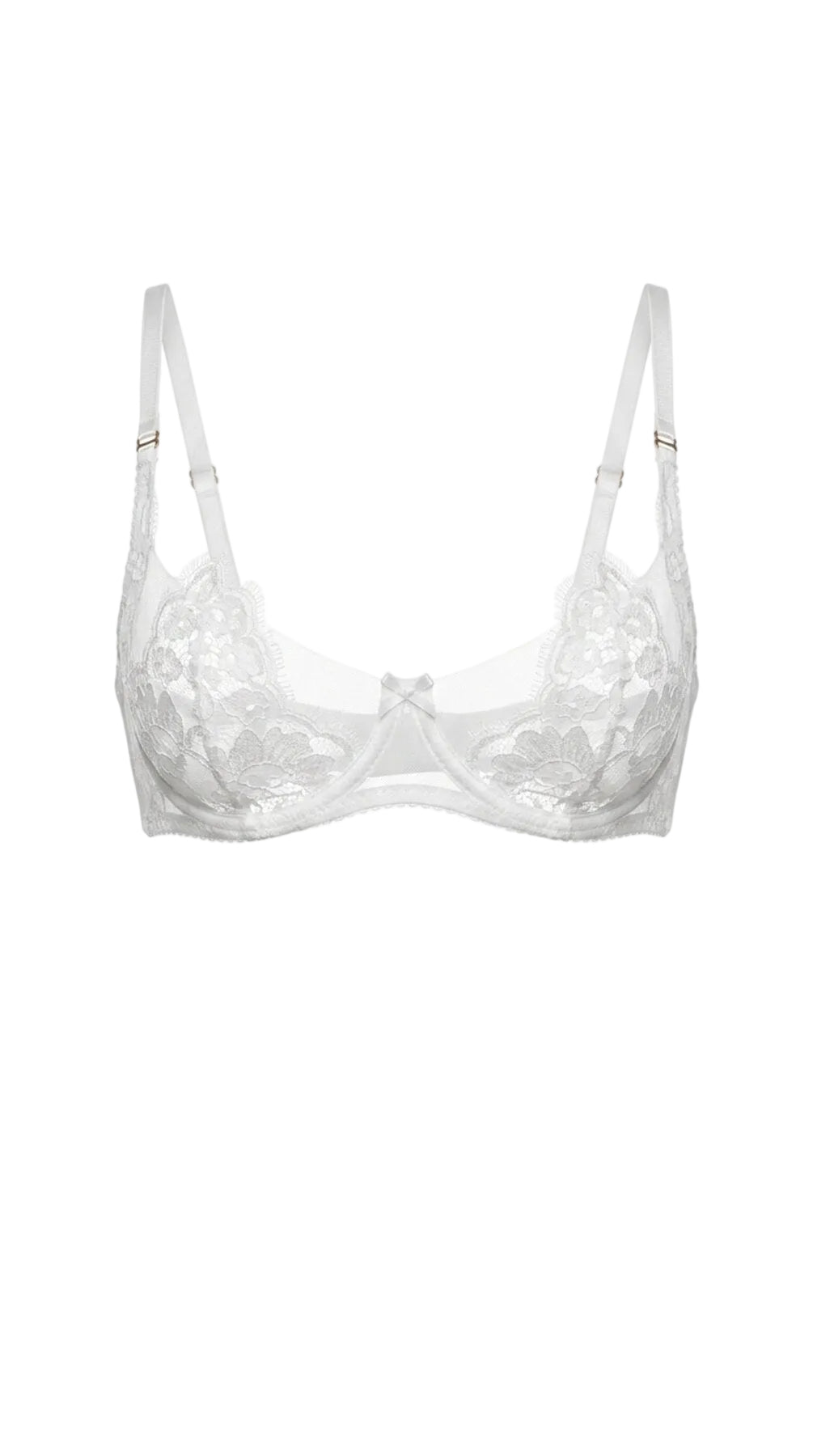 Flat-lay of the Amella white lace bra with sheer mesh cups and floral lace trim.