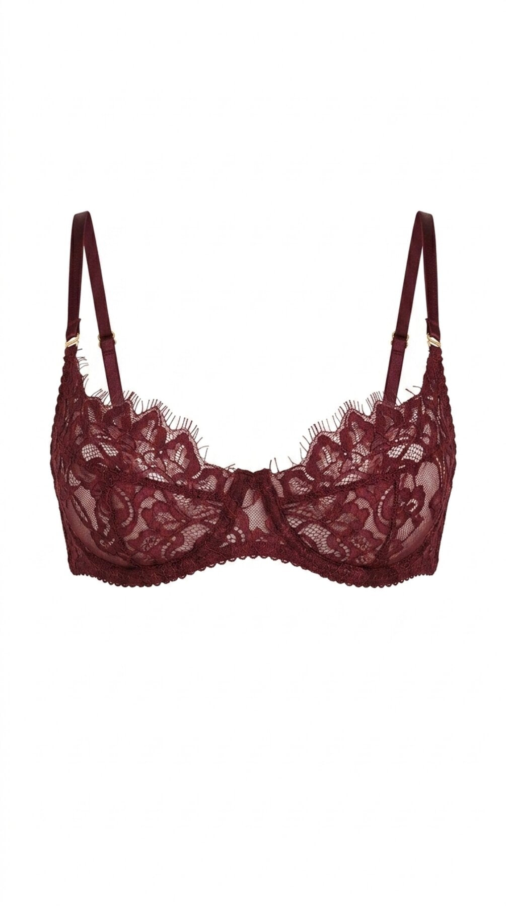 Flat-lay of the Ariana burgundy lace bra with floral lace cups and fine eyelash trim.