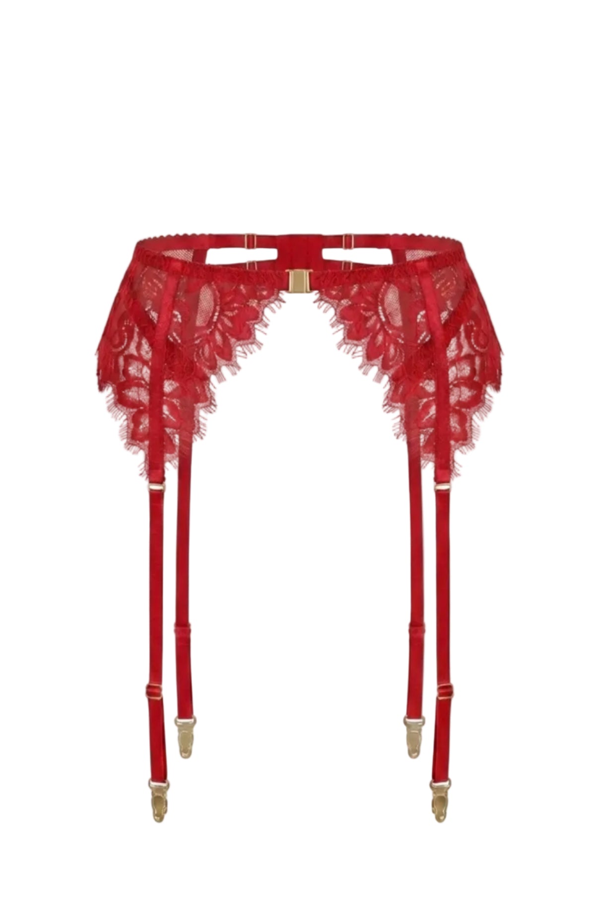 Flat-lay of the Ariana red garter belt with floral lace panels and gold buckle clasp.