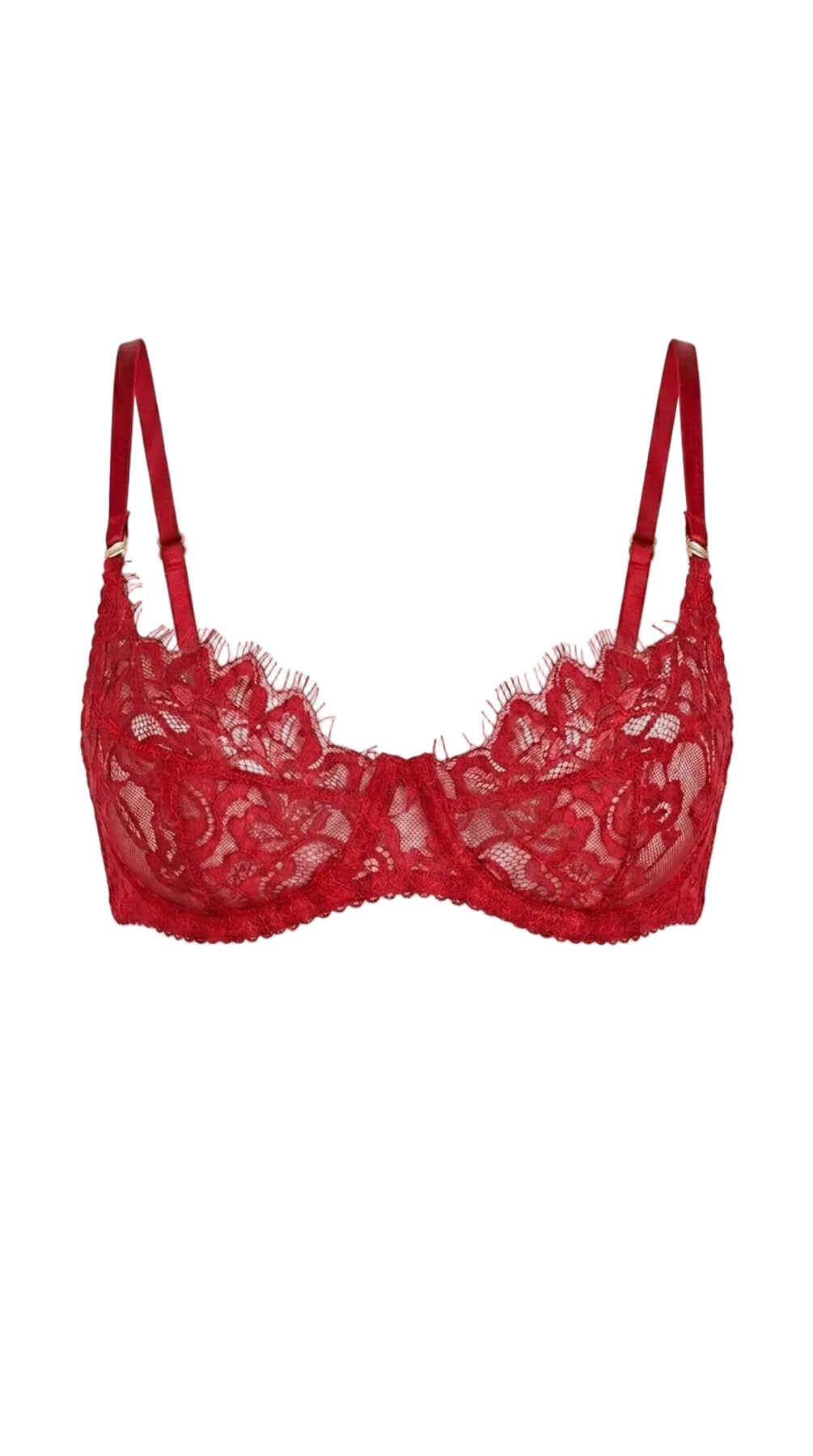Flat-lay of the Ariana red lace bra with floral lace cups and fine eyelash trim.