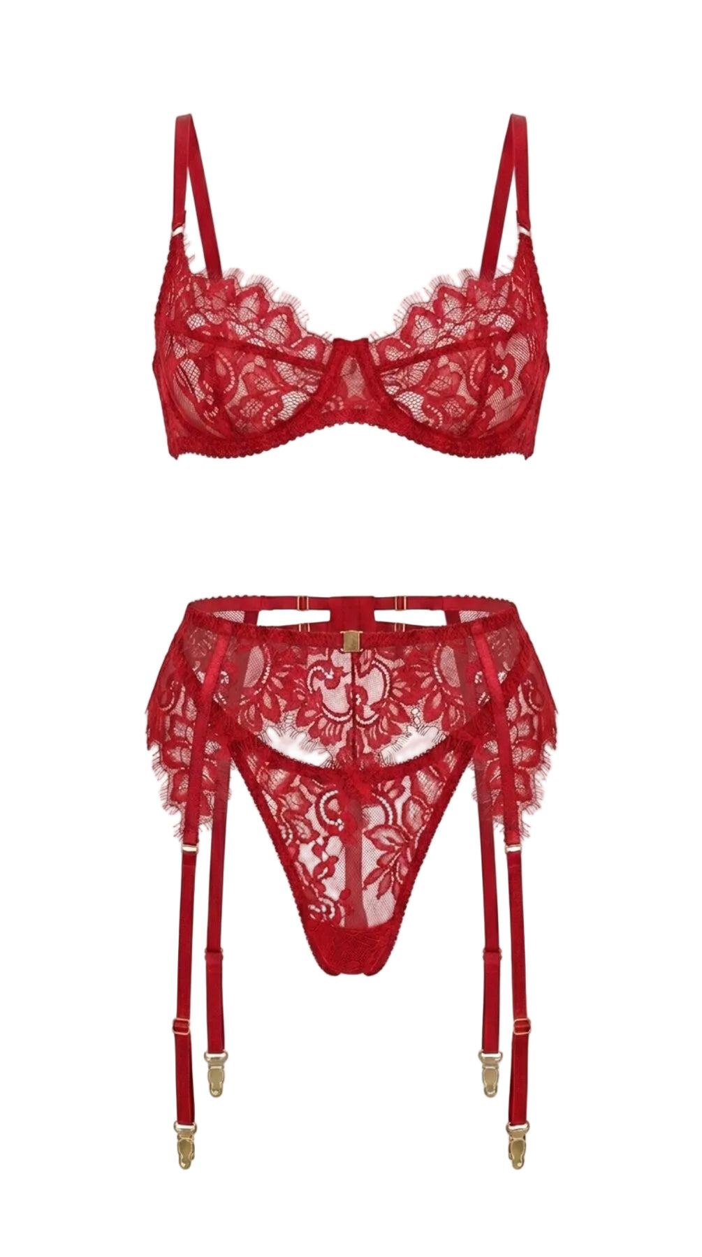 Flat-lay of the complete Ariana red lingerie set — floral lace bra, garter belt, and matching panties.