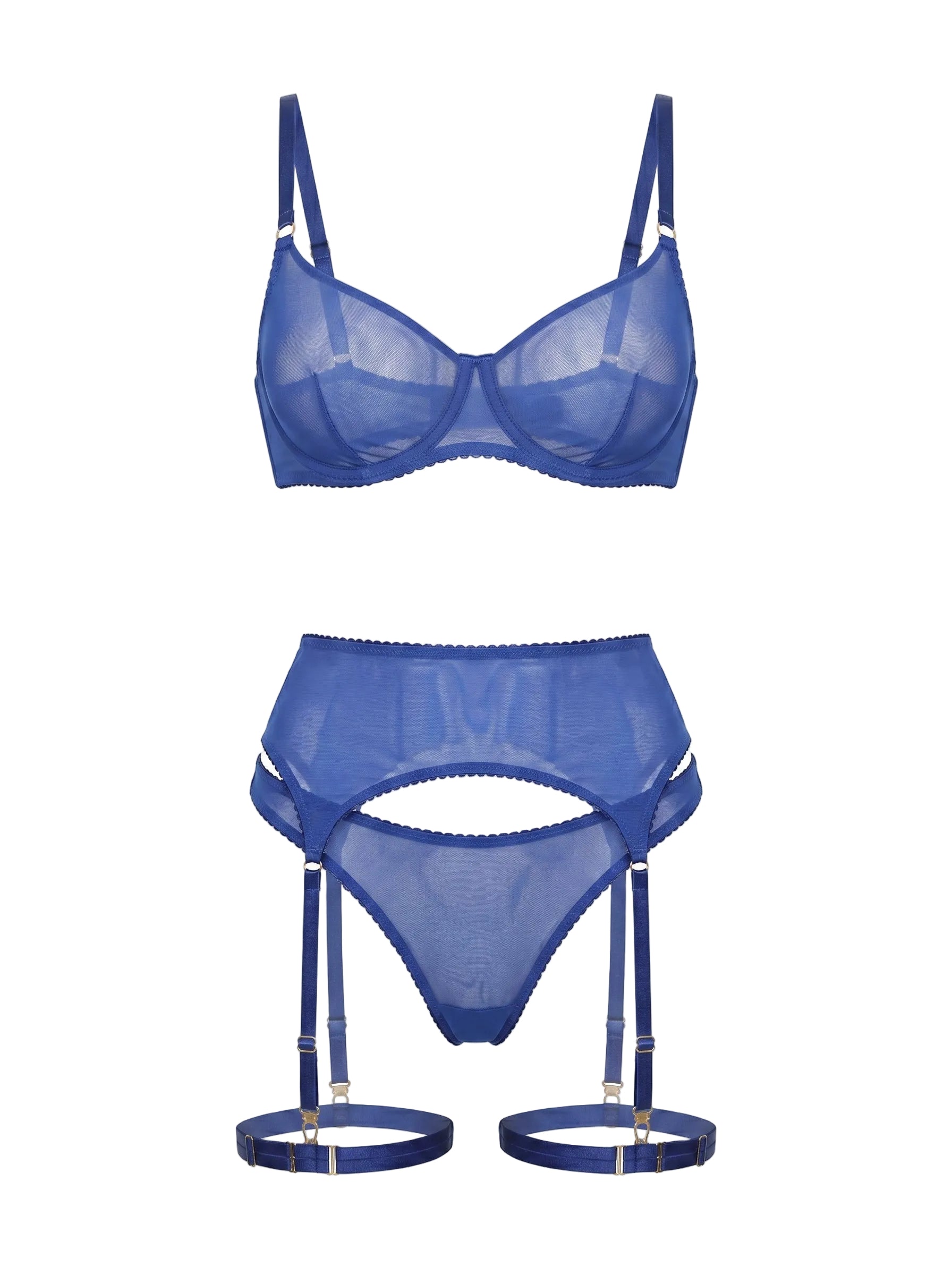 Front view of Basic Blue 3-piece lingerie set featuring cobalt blue sheer mesh and high-waisted garter belt.