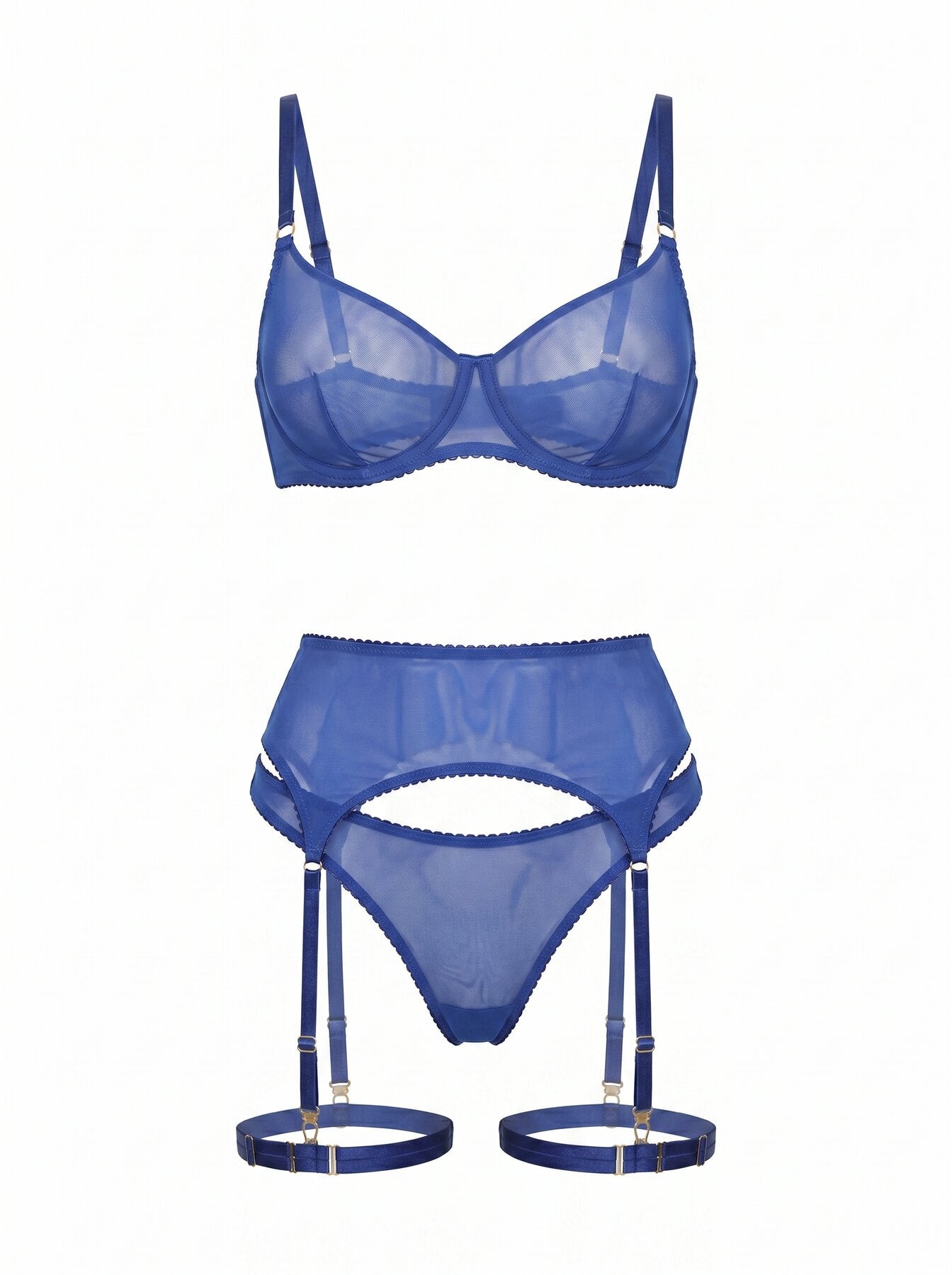 Front view of Basic Blue lingerie set in cobalt sheer mesh with high-waisted garter belt.