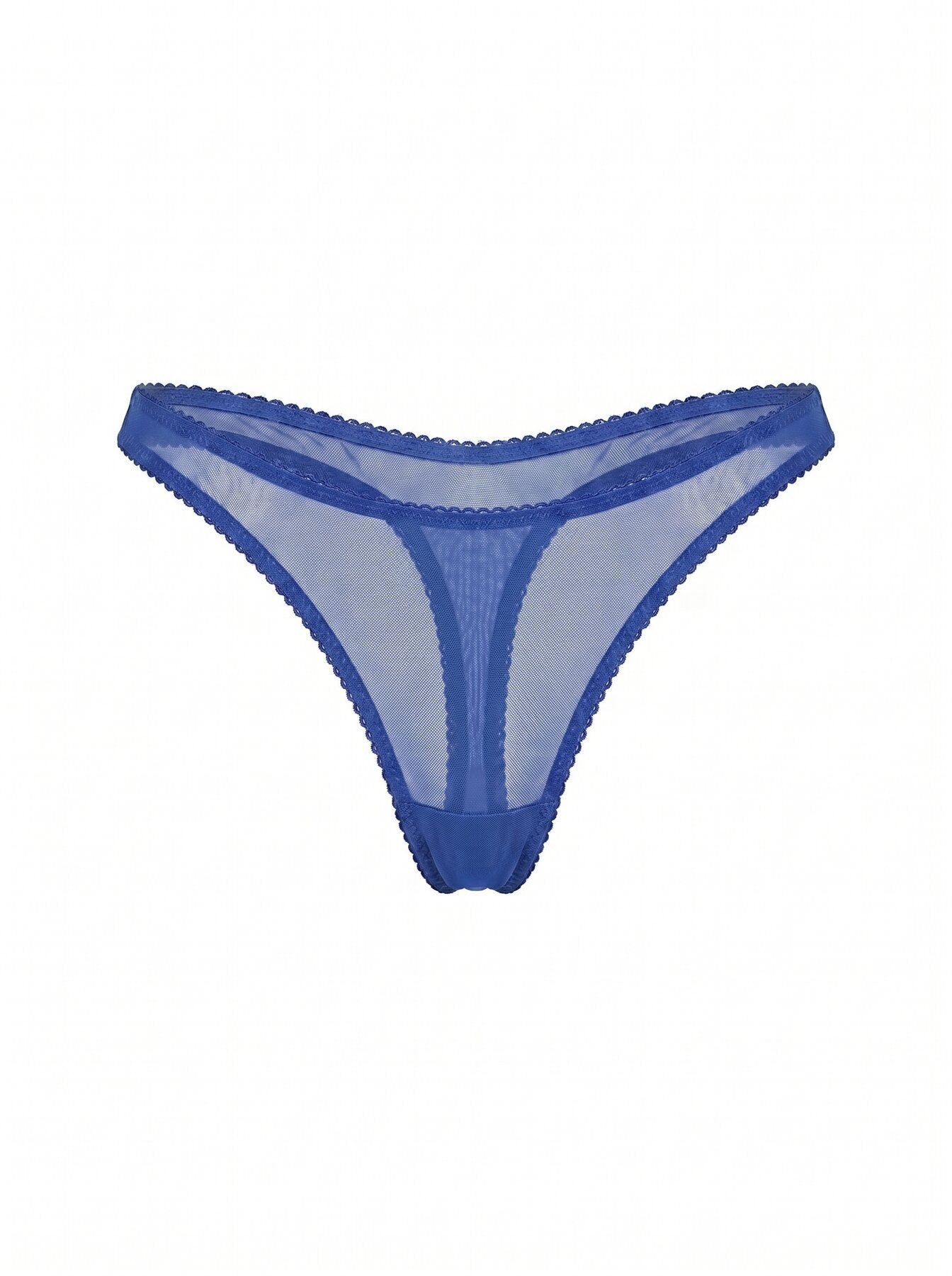 Front view of Basic Blue thong panties in cobalt sheer mesh with adjustable straps.
