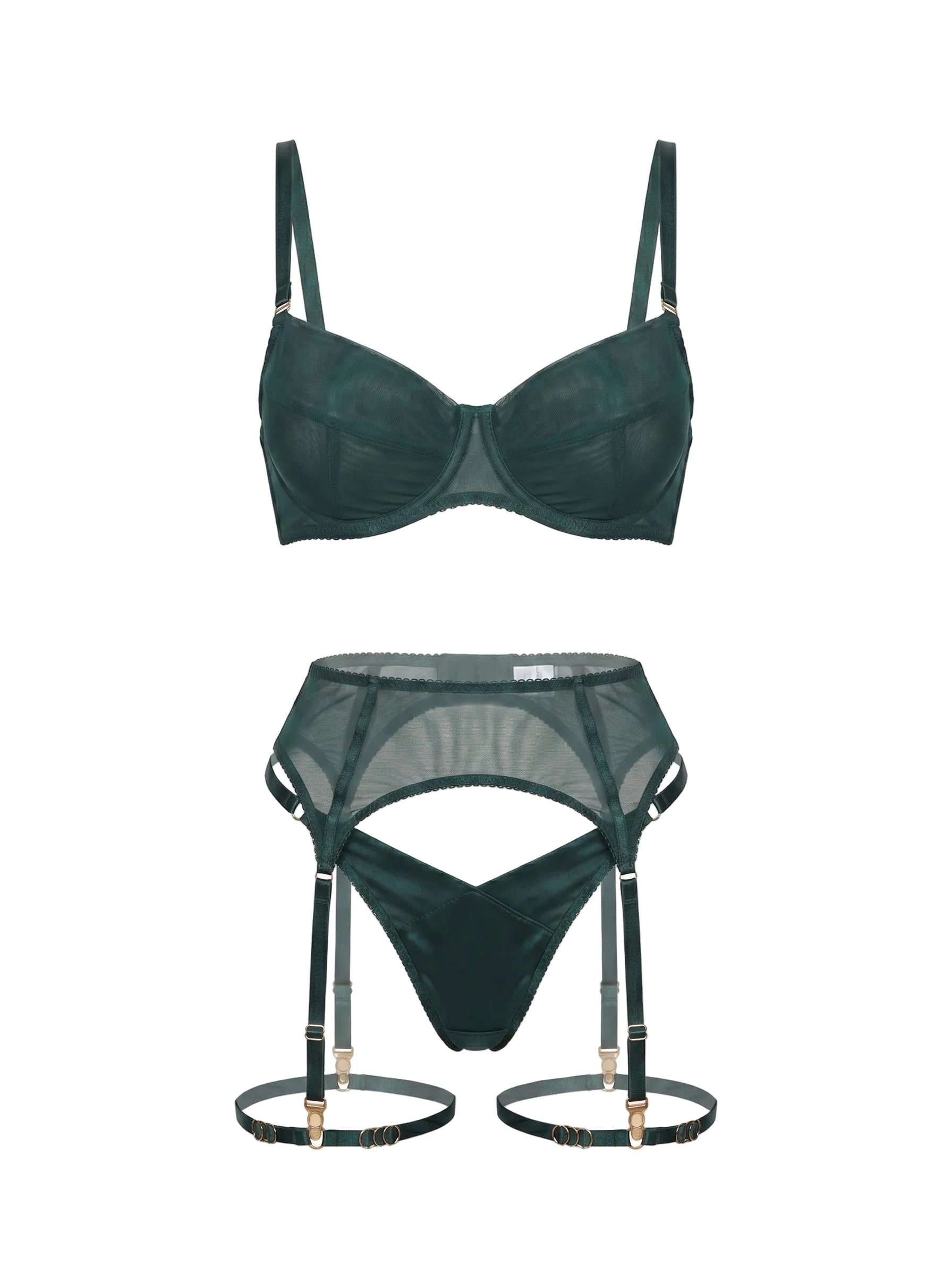 Front view of Basic Green 3-piece lingerie set in emerald mesh with unique V-shape design.