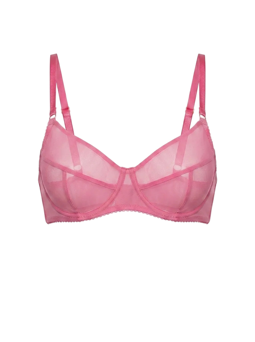 Close-up of the Basic Pink underwire bra featuring pink mesh and decorative ring straps.