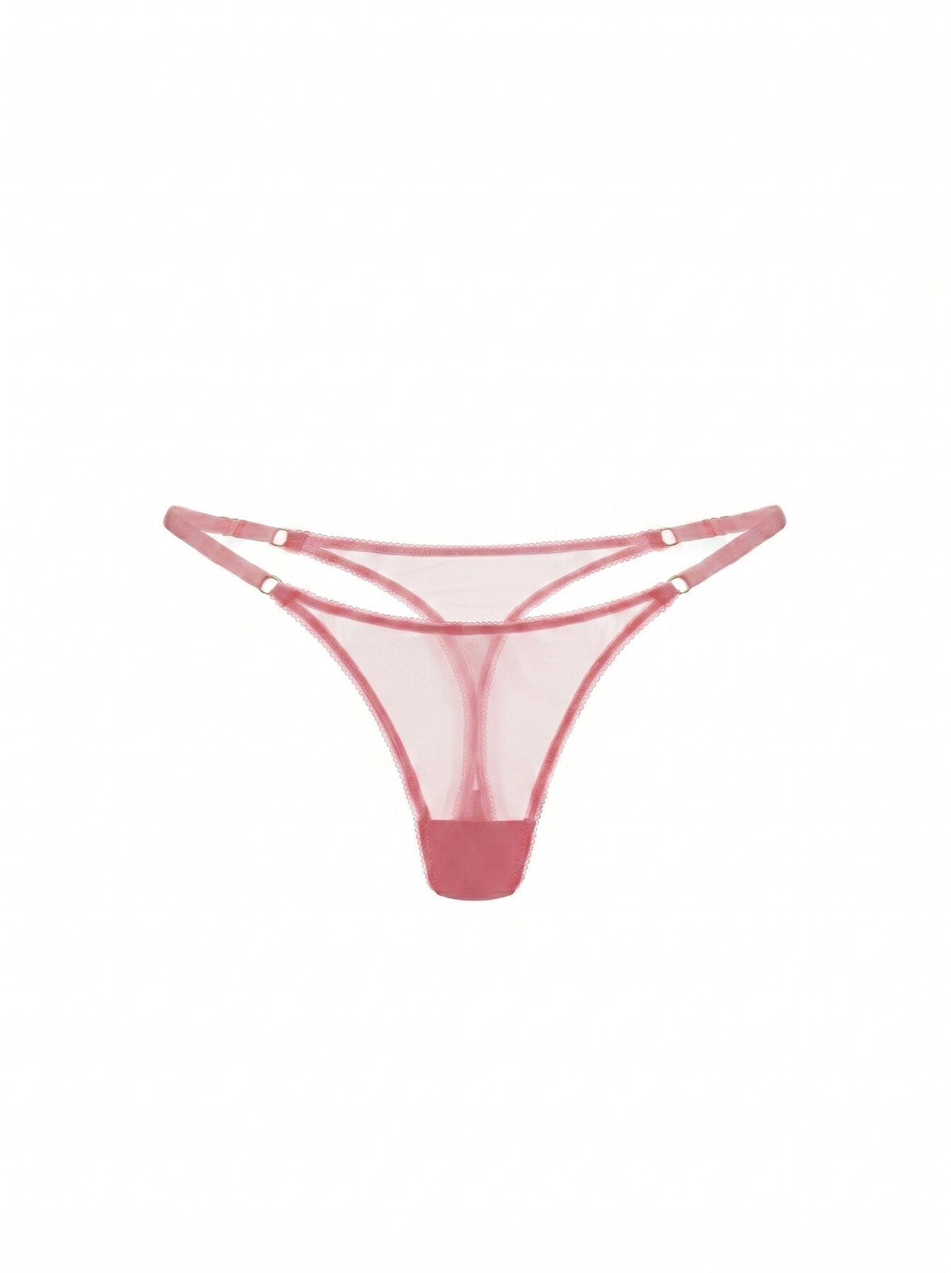 Front view of Basic Pink thong panties in pink sheer mesh with adjustable straps.