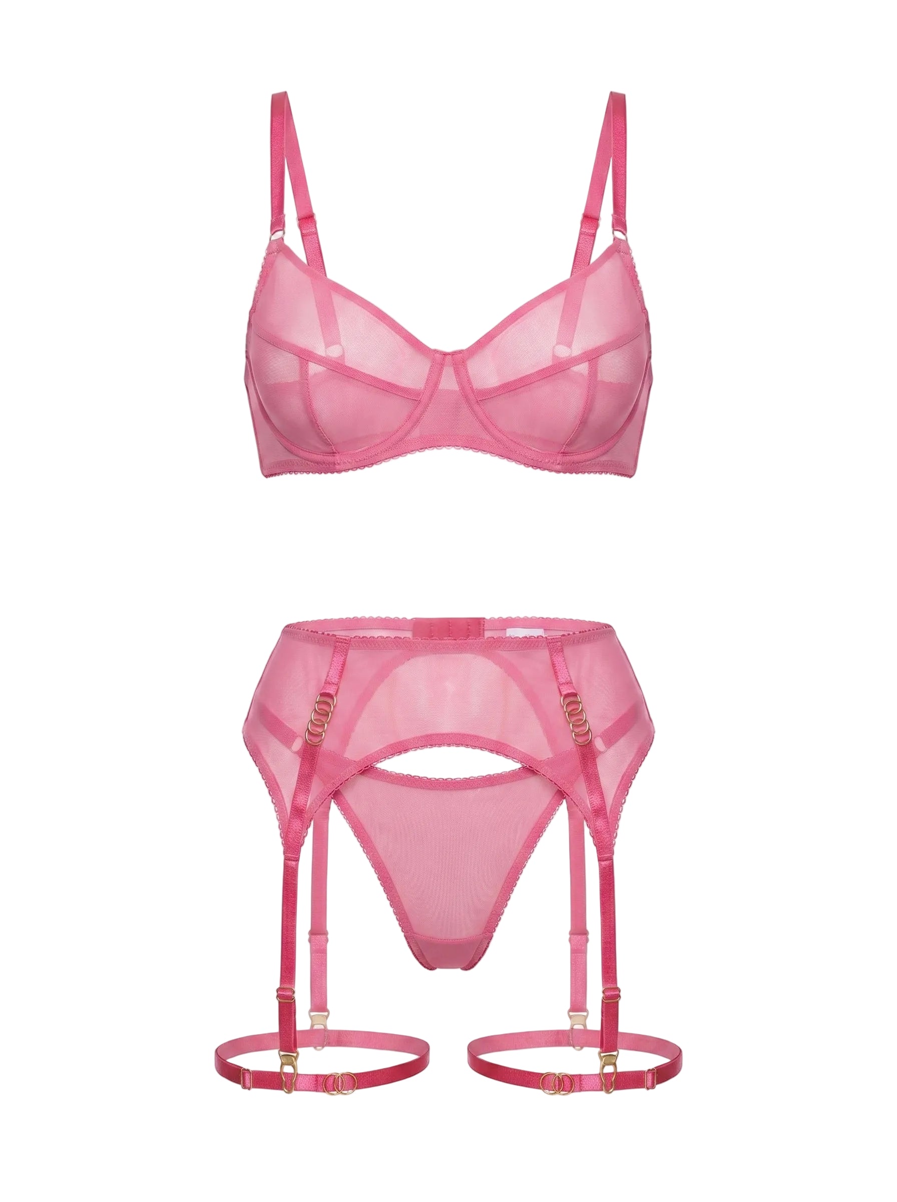 Front view of Basic Pink 3-piece lingerie set featuring pink mesh and decorative ring hardware