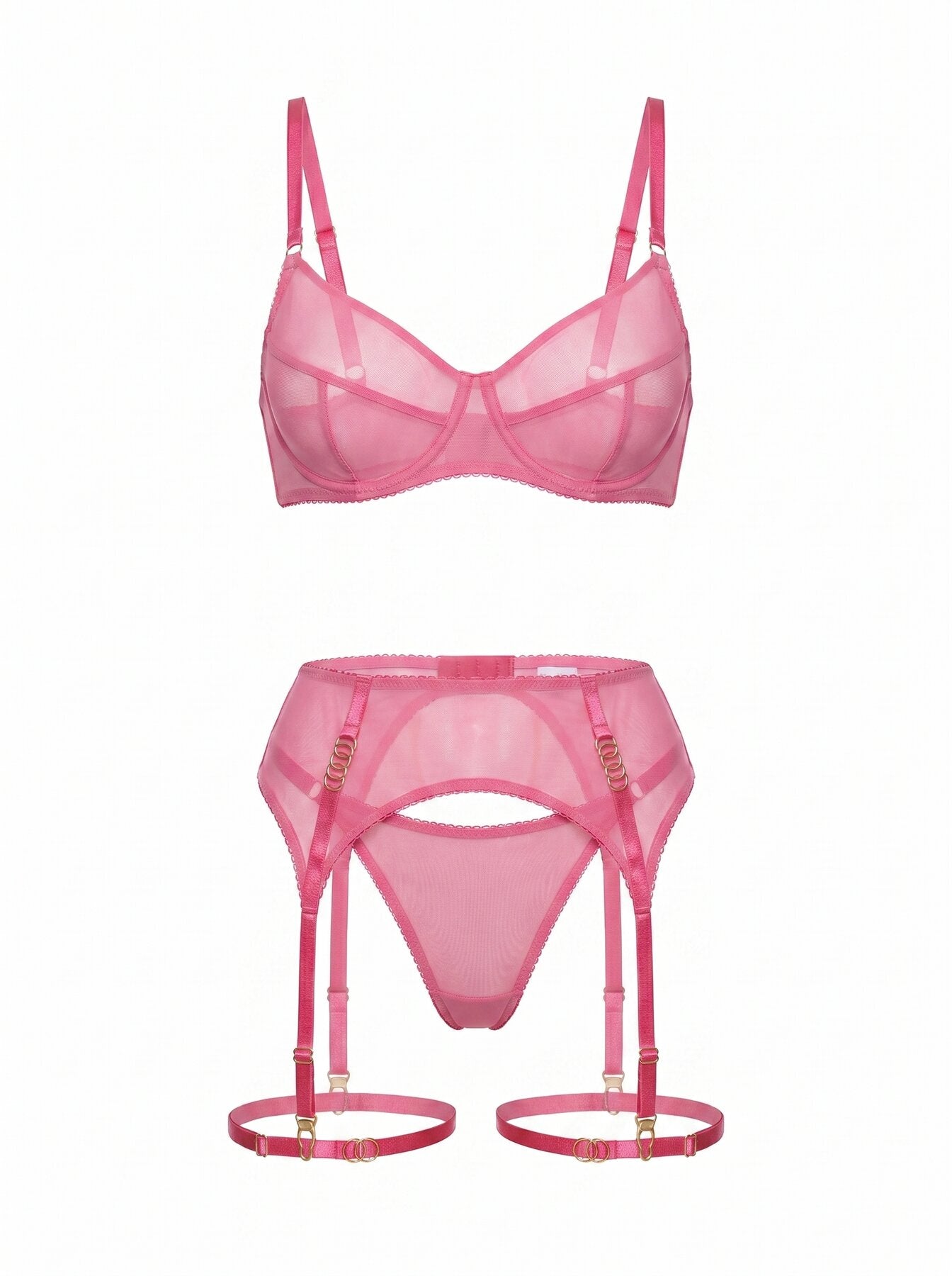 Front view of Basic Pink lingerie set in sheer pink mesh with decorative ring hardware.