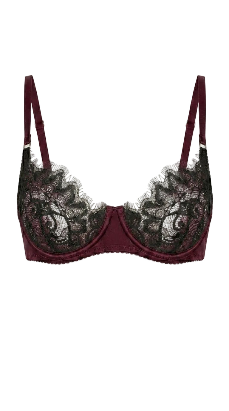 Bella bordeaux lace bra featuring architectural mesh panels and custom tailoring for a perfect fit.