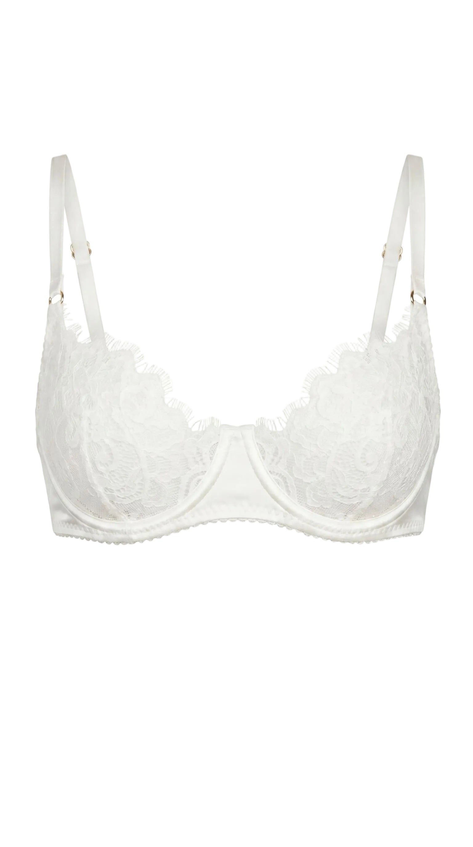 Bella white bridal lace bra featuring architectural mesh panels and custom precision fit.
