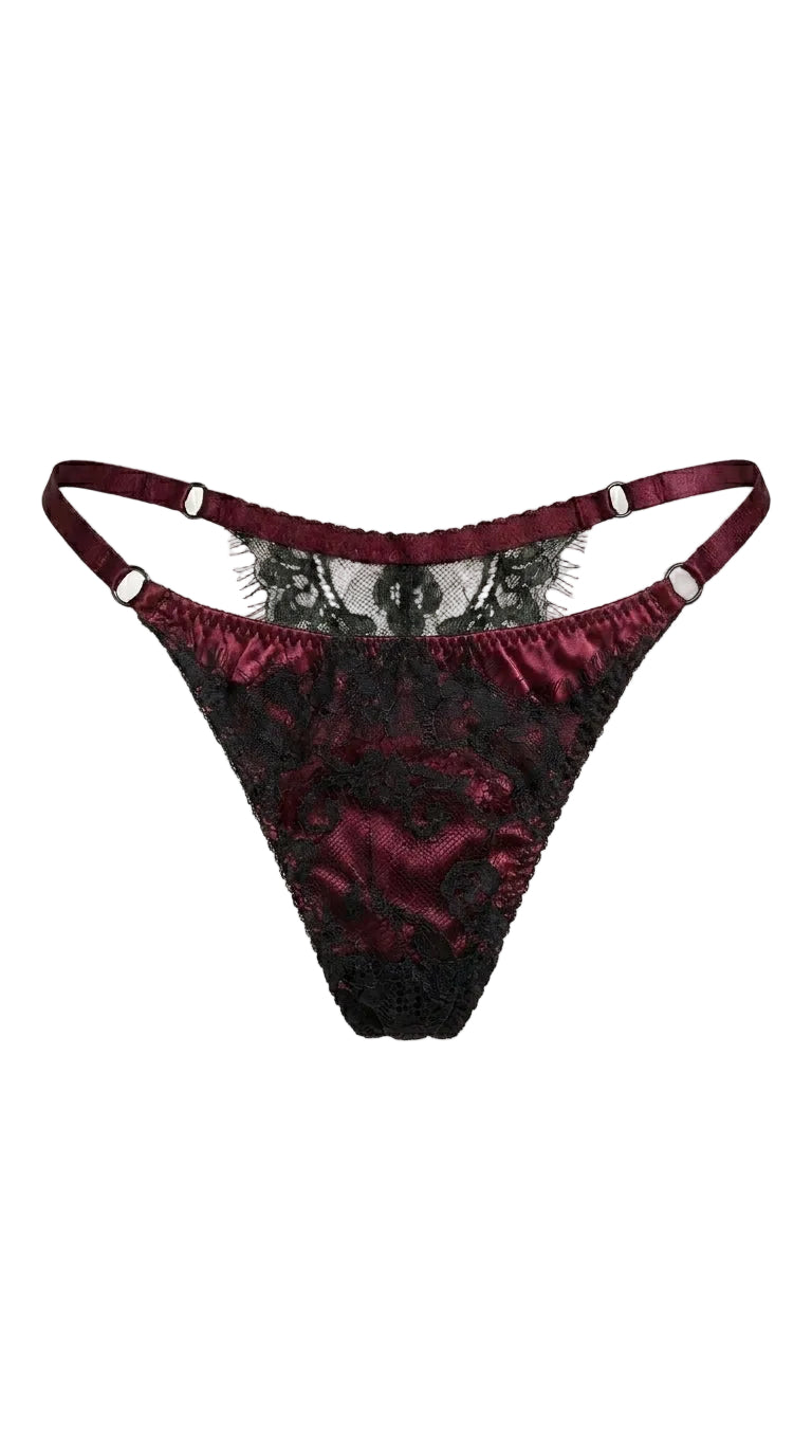 Bespoke Bella bordeaux lace panties with intricate floral embroidery and sheer mesh panels.
