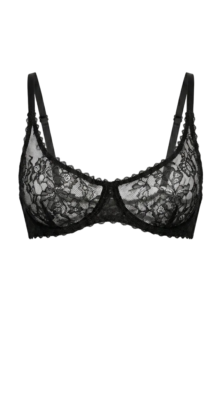 Black Flowers onyx lace bra featuring architectural mesh and custom tailoring for a perfect fit.