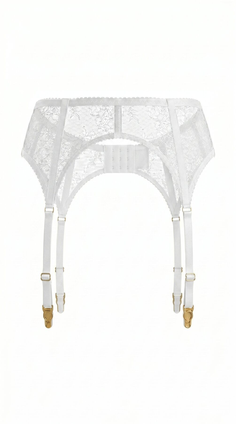 High-waisted Carolina white garter belt with intricate ivory lace detailing and gold-toned hardware.