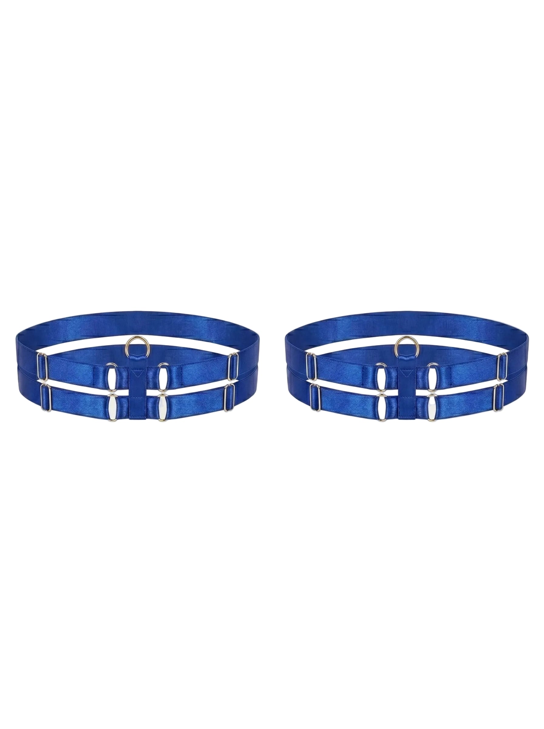 Bespoke blue double strap leg garter with gold-plated hardware.