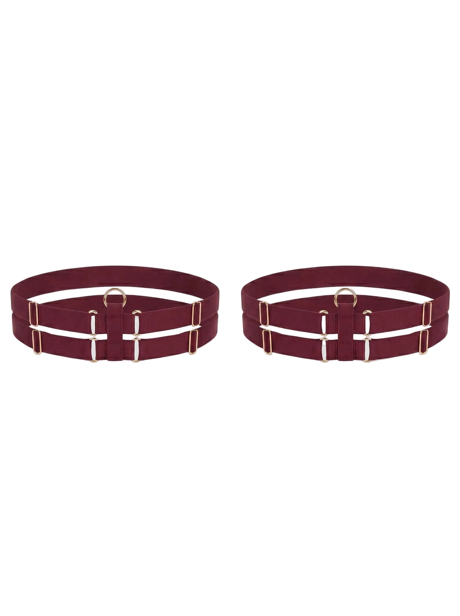 Bespoke bordeaux double strap leg garter with gold-plated hardware.