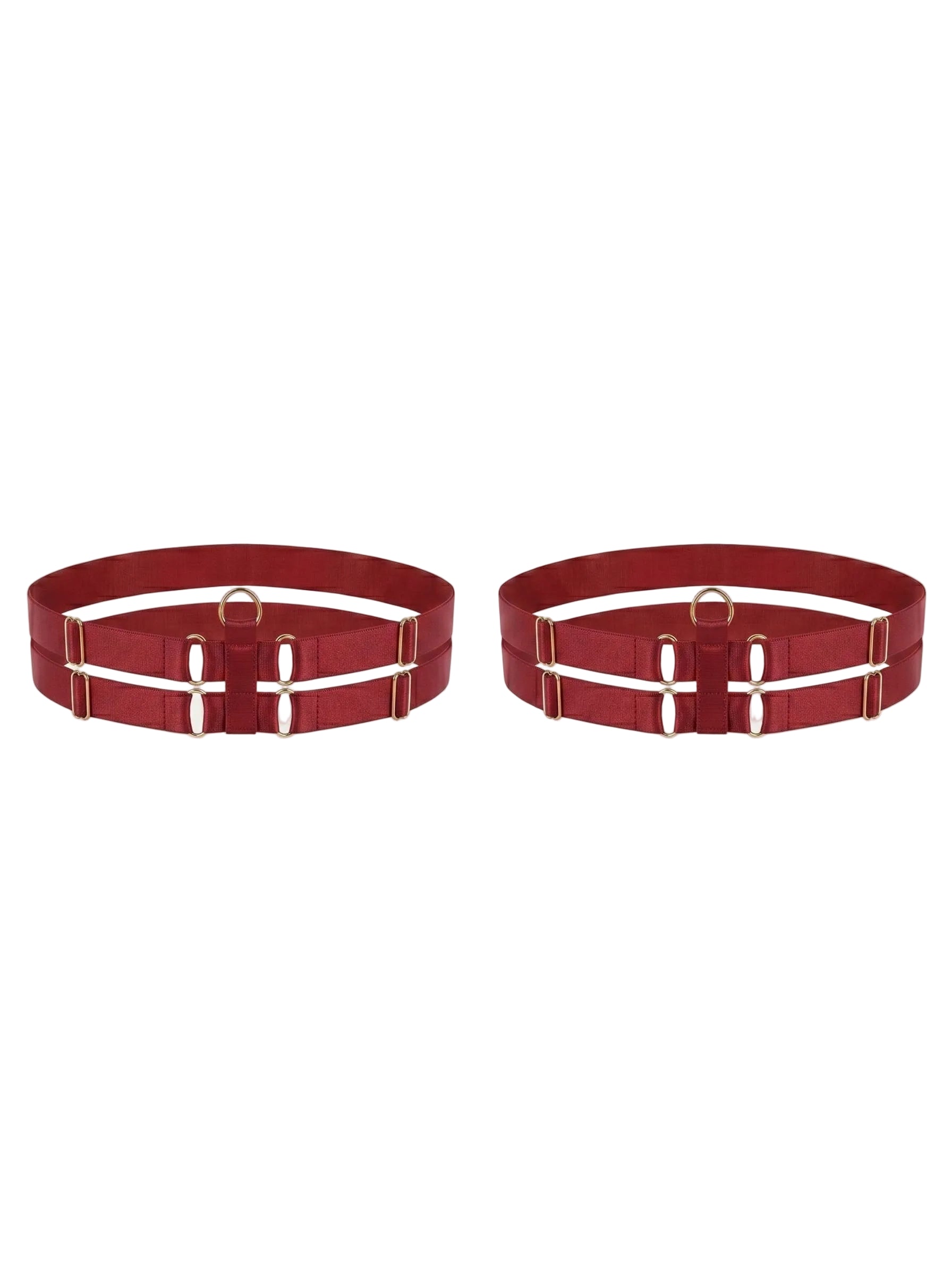 Bespoke red double strap leg garter with gold-plated hardware.