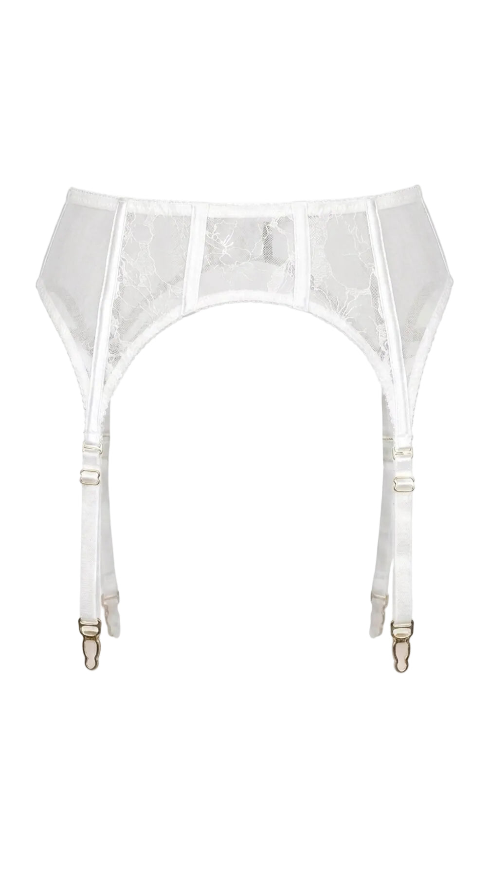Product shot of the Emily white garter belt on a white background, showing the floral lace paneling and metal clip hardware.
