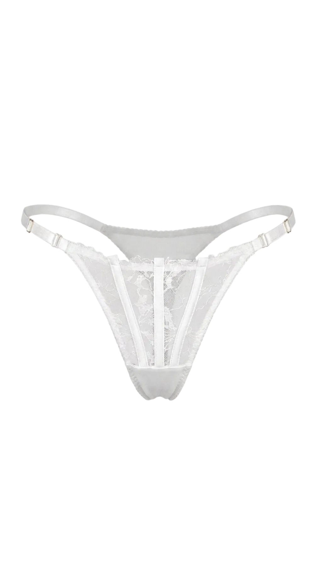 Product shot of the Emily white lace panties on a white background, highlighting the floral lace paneling and adjustable straps.