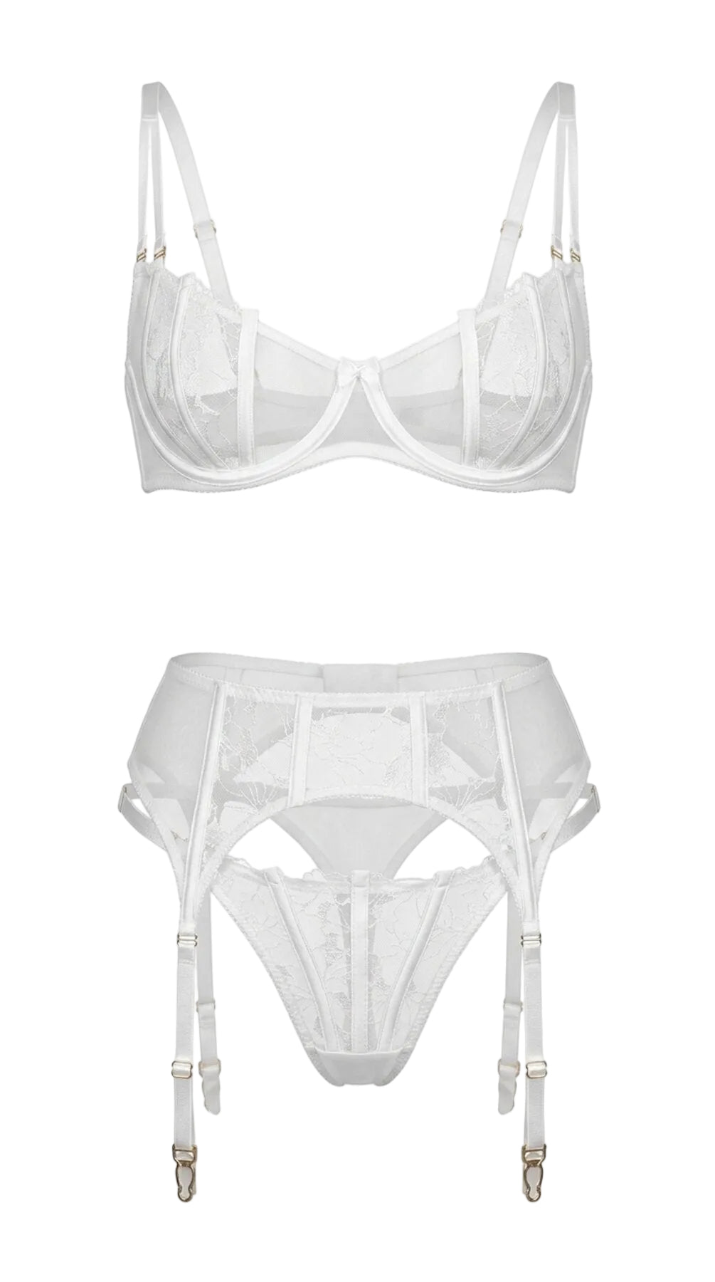 Product flat-lay of the Emily white lace bra and garter belt set on a white background, showing the floral lace pattern and structural straps.