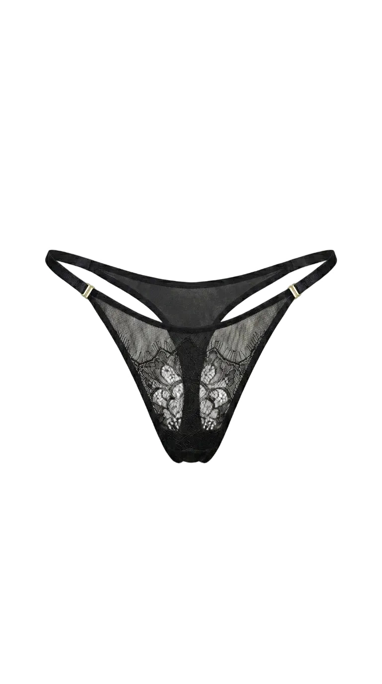 Front view of Erin Black panties in floral lace with individual tailoring detail.