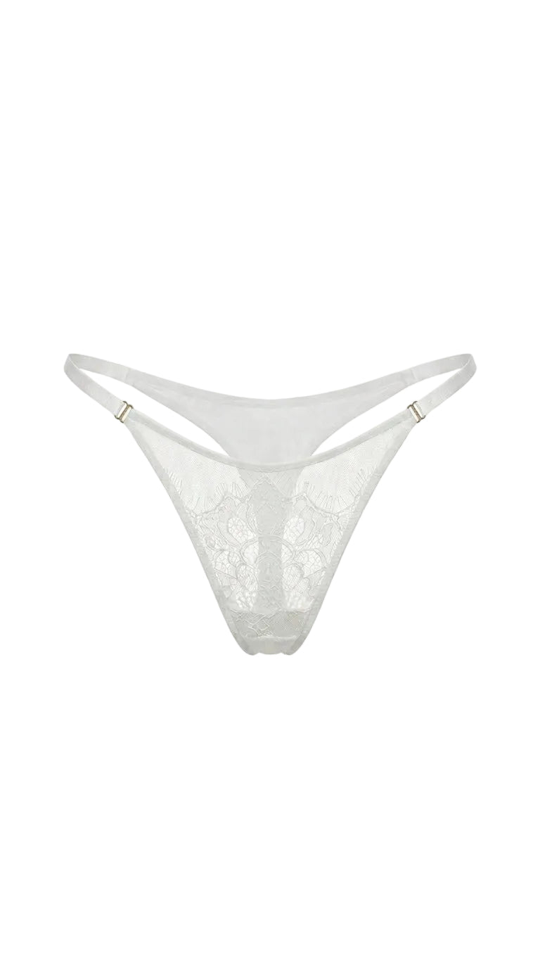 Front view of Erin White panties in floral lace with individual tailoring detail.