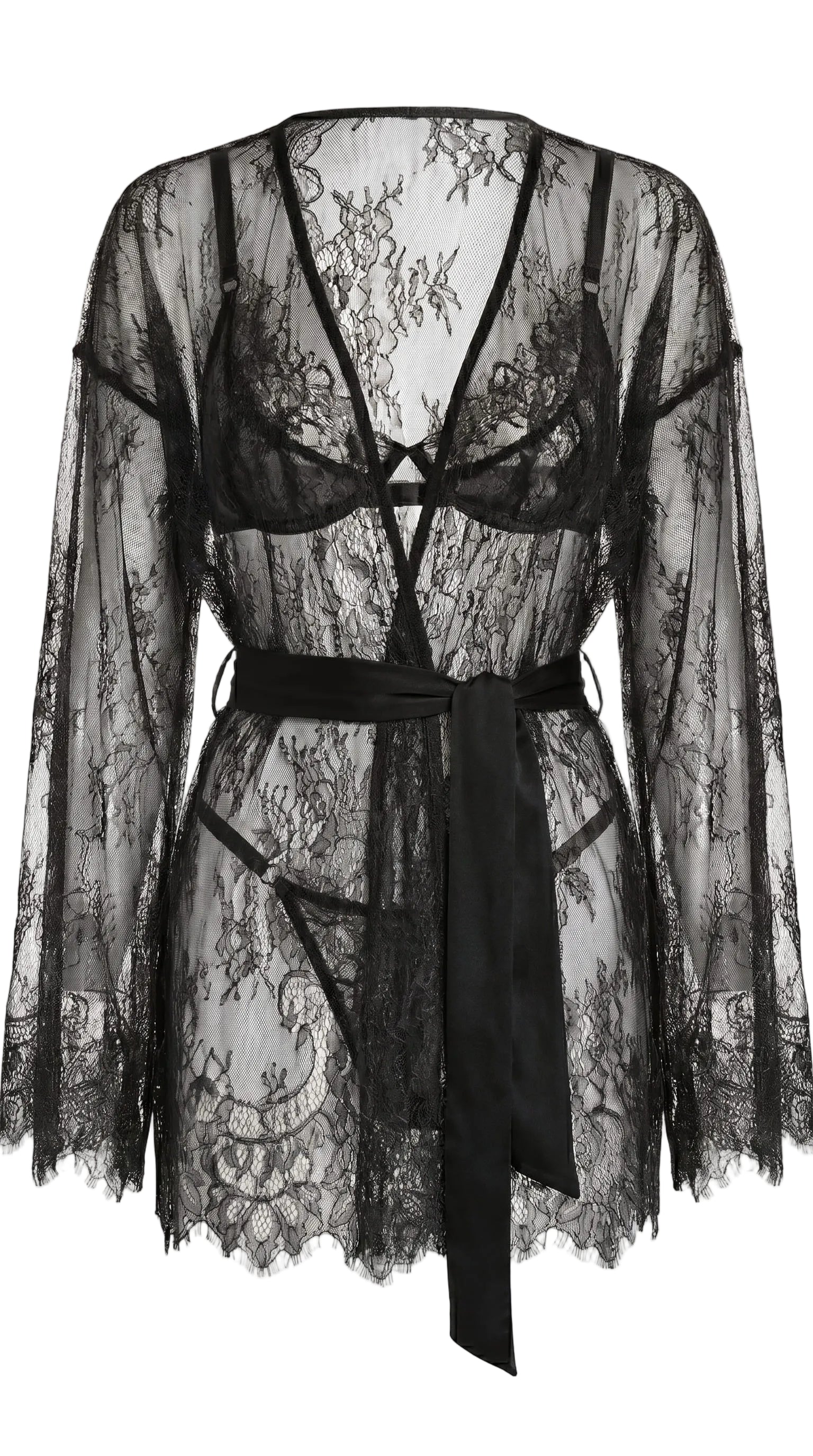 Handcrafted black lace Femme Totale set featuring a luxury robe, bra, and panties.
