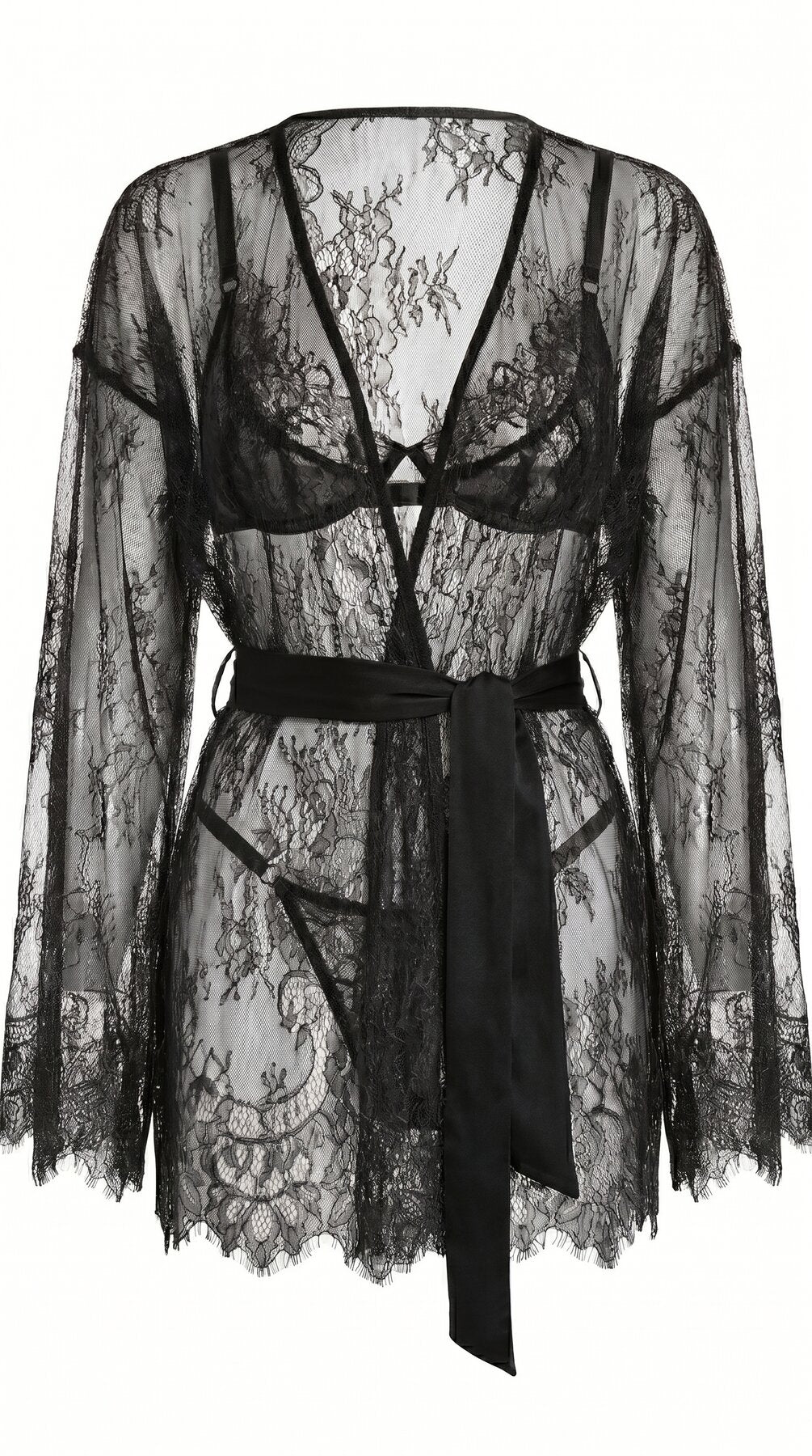 Handcrafted black lace Femme Totale set featuring a luxury robe, bra, and panties.
