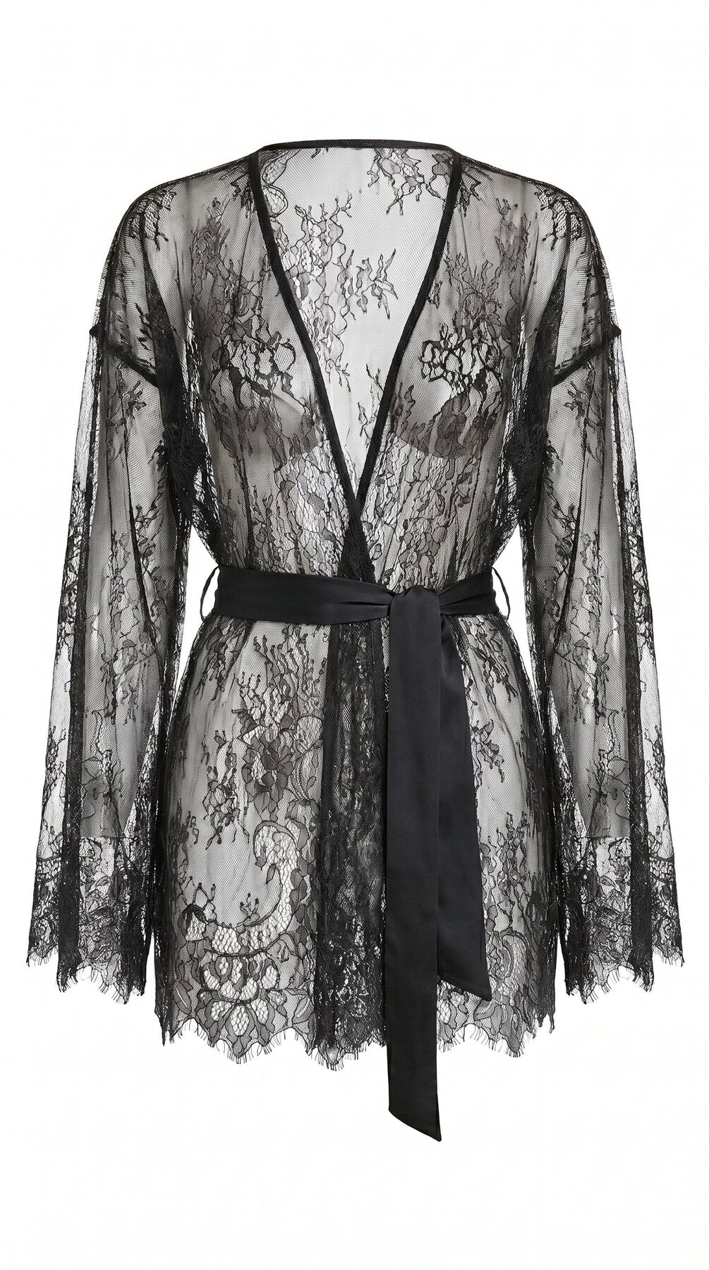 Ethereal black lace robe with wide sleeves from the bespoke Femme Totale nightwear series.