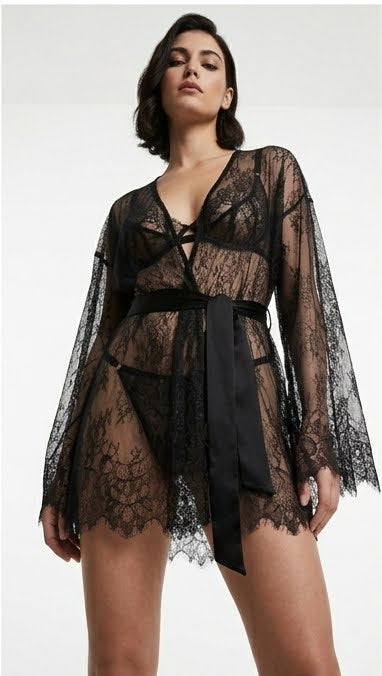Handcrafted black lace Femme Totale set featuring a luxury robe, bra, and panties.