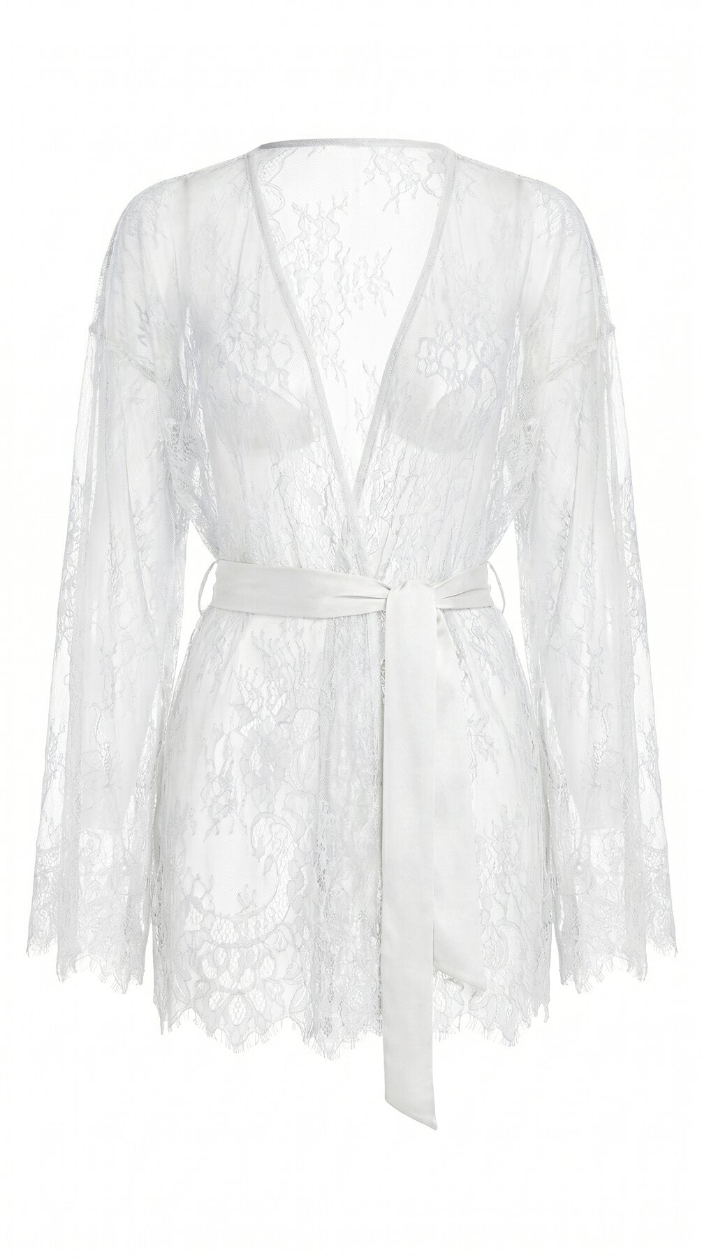 Full view of the handcrafted white lace Femme Totale nightwear set featuring robe, bra, and panties.