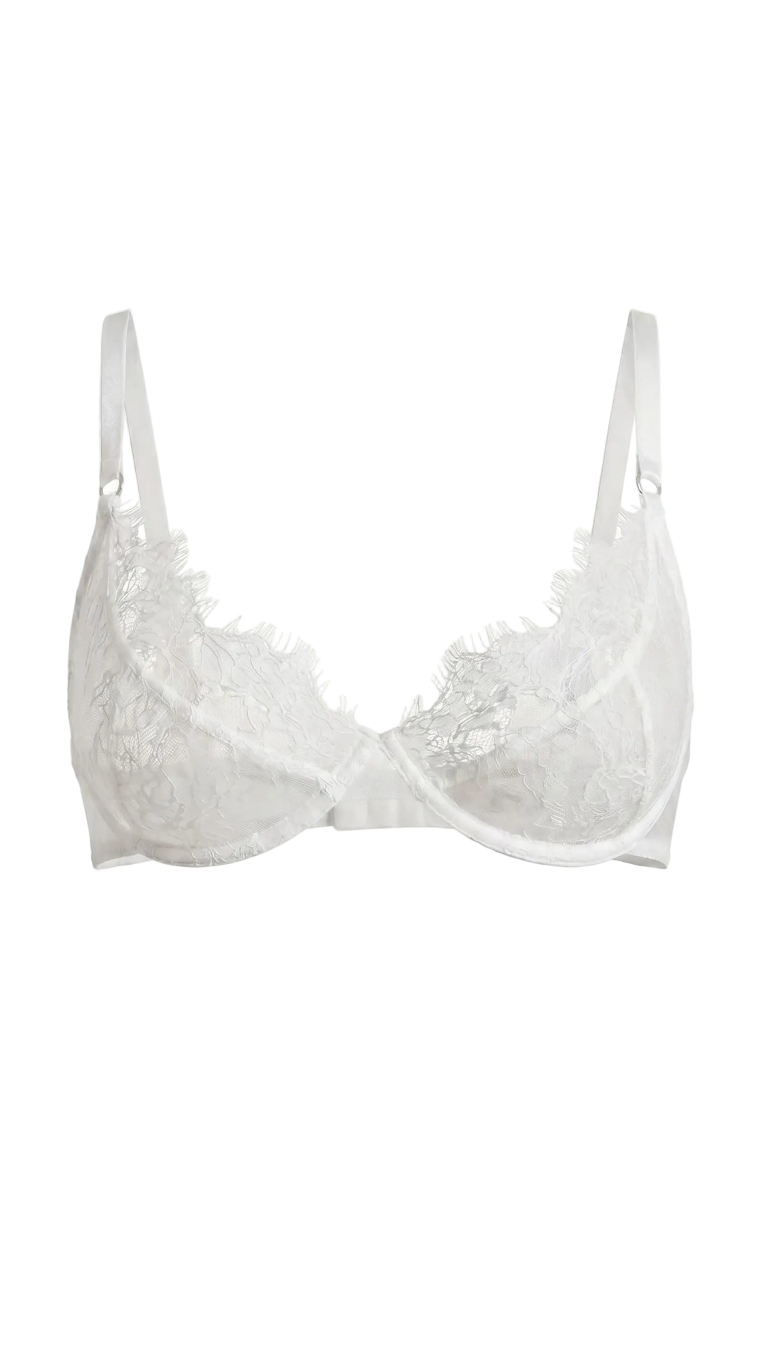 Full view of the handcrafted white lace Femme Totale nightwear set featuring robe, bra, and panties.