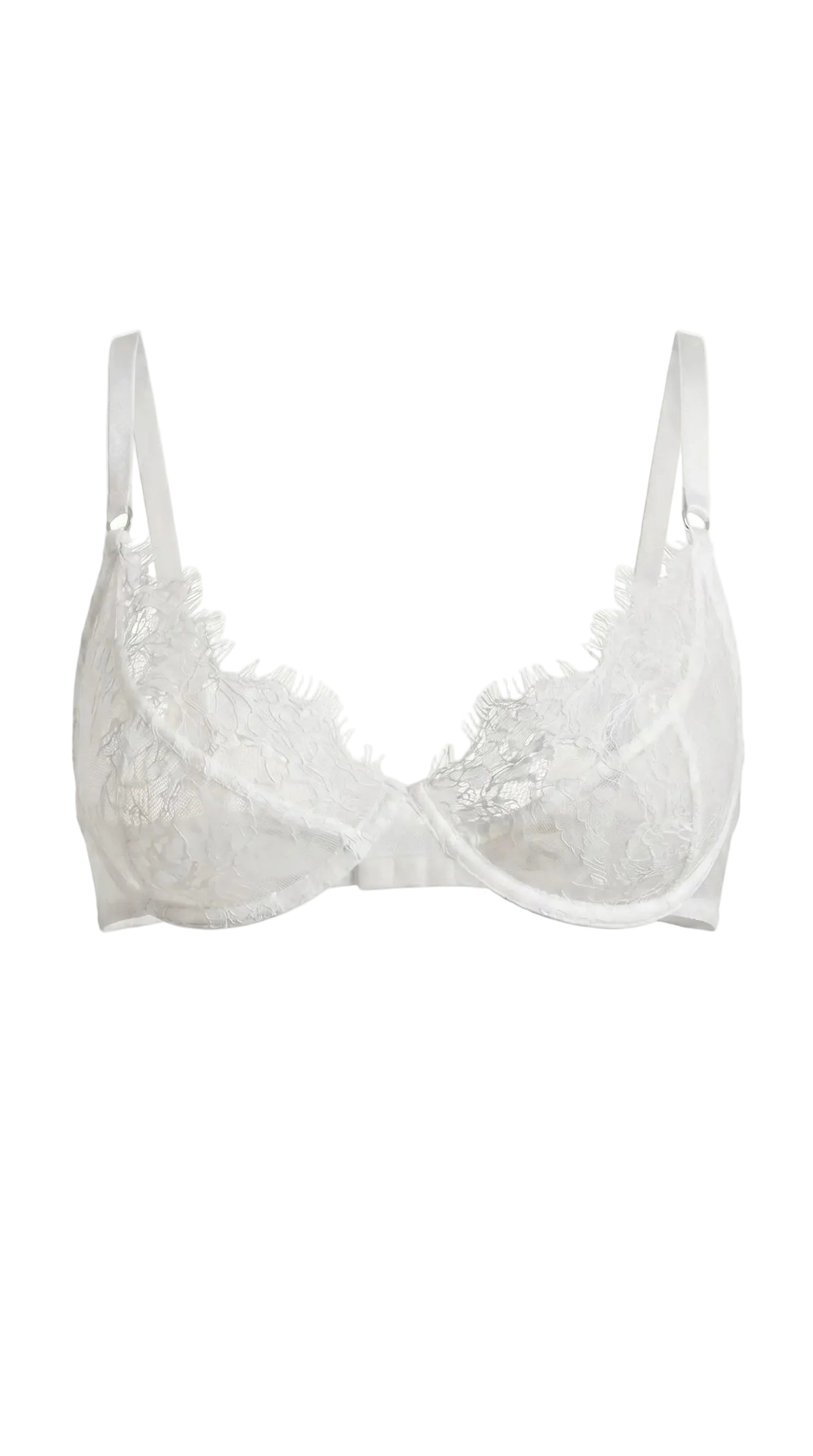 Full view of the handcrafted white lace Femme Totale nightwear set featuring robe, bra, and panties.