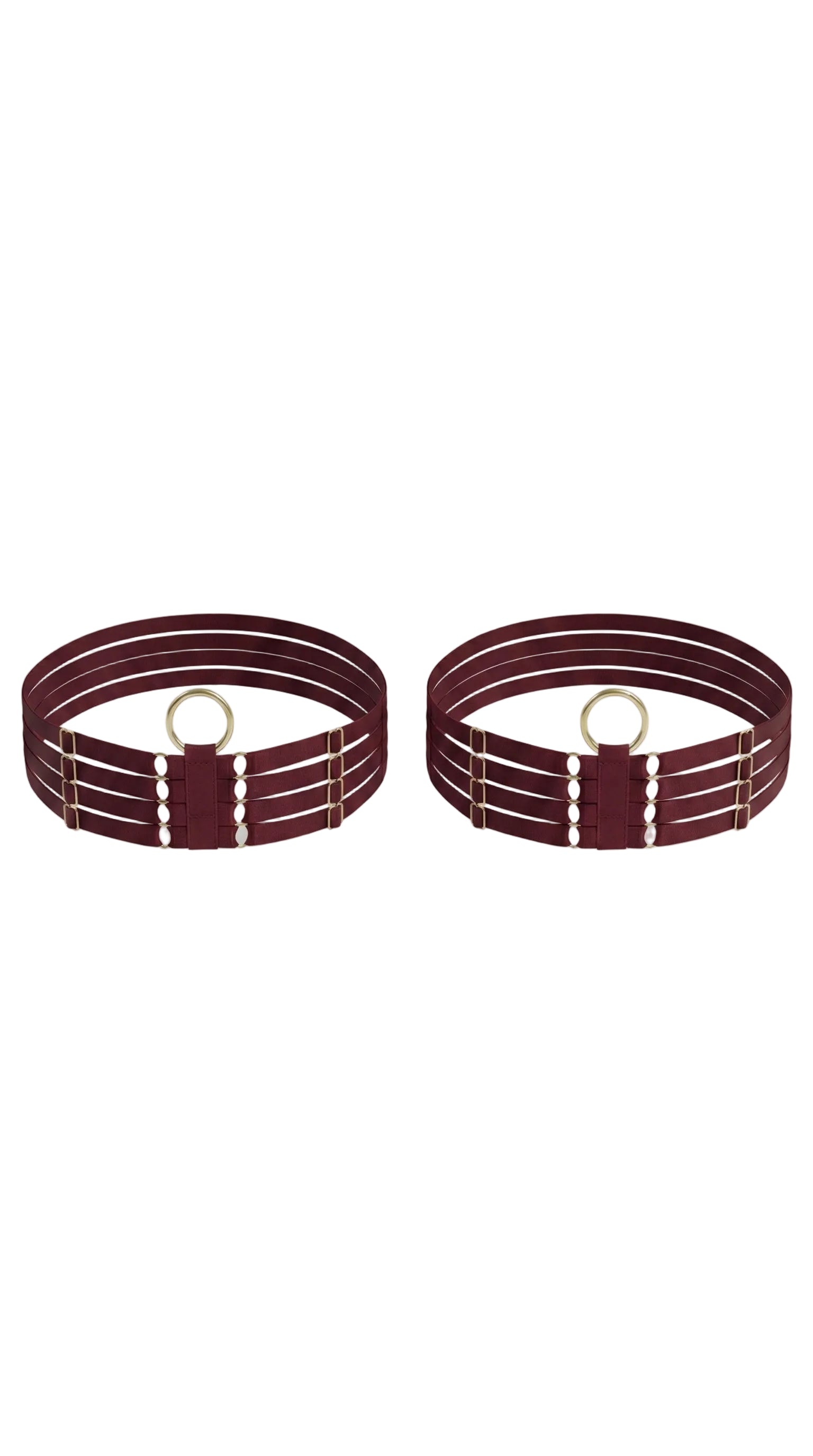 Bespoke bordeaux Quartet leg garter featuring a sophisticated four-strap design.