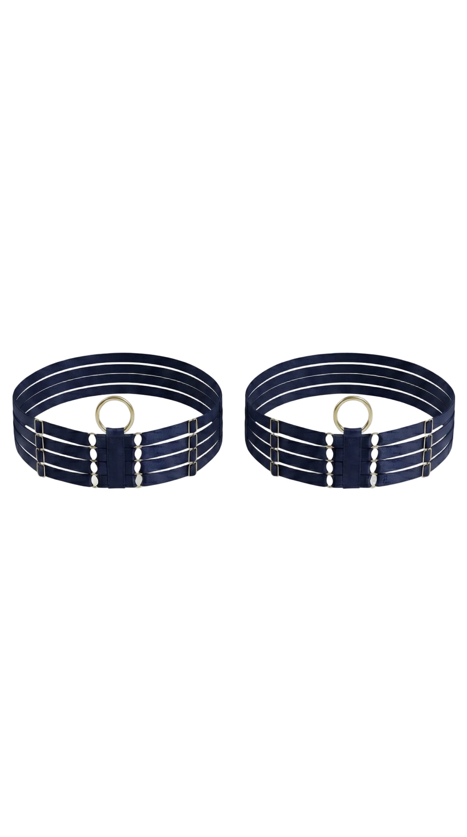Bespoke navy Quartet leg garter featuring a sophisticated four-strap design.