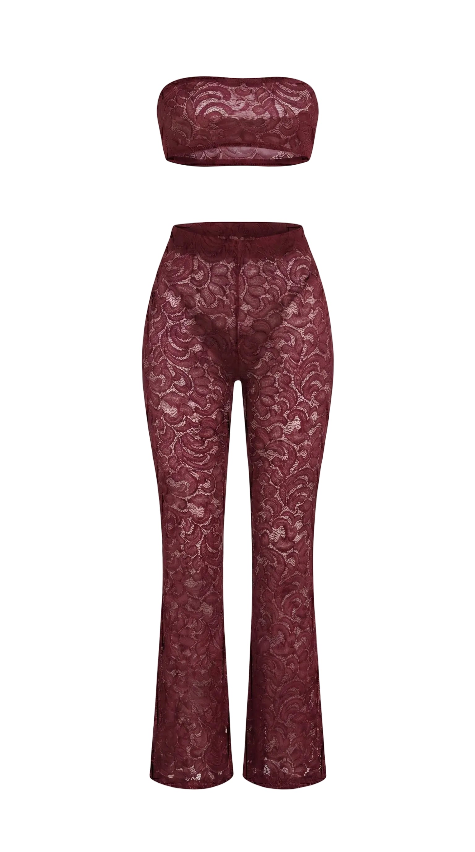 Bespoke red Goddess Aura lace suit with flared pants and bandeau top.