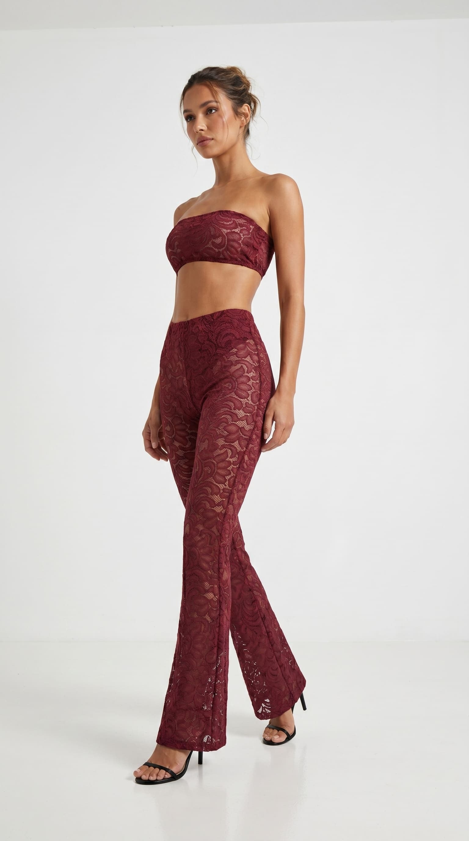 Handcrafted red floral lace jumpsuit from the Goddess Aura collection.