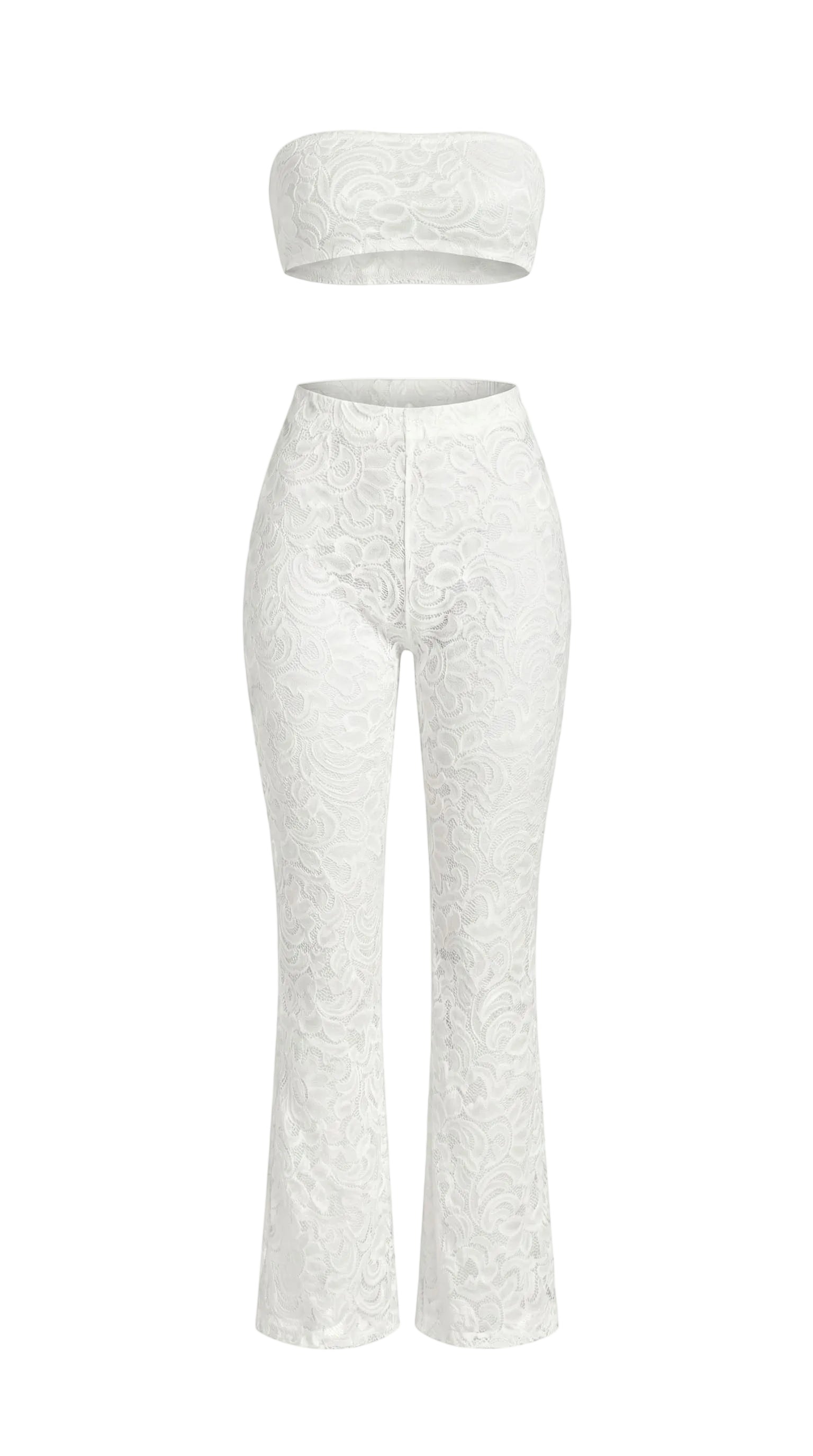 Bespoke white Goddess Aura lace suit with flared pants and bandeau top.