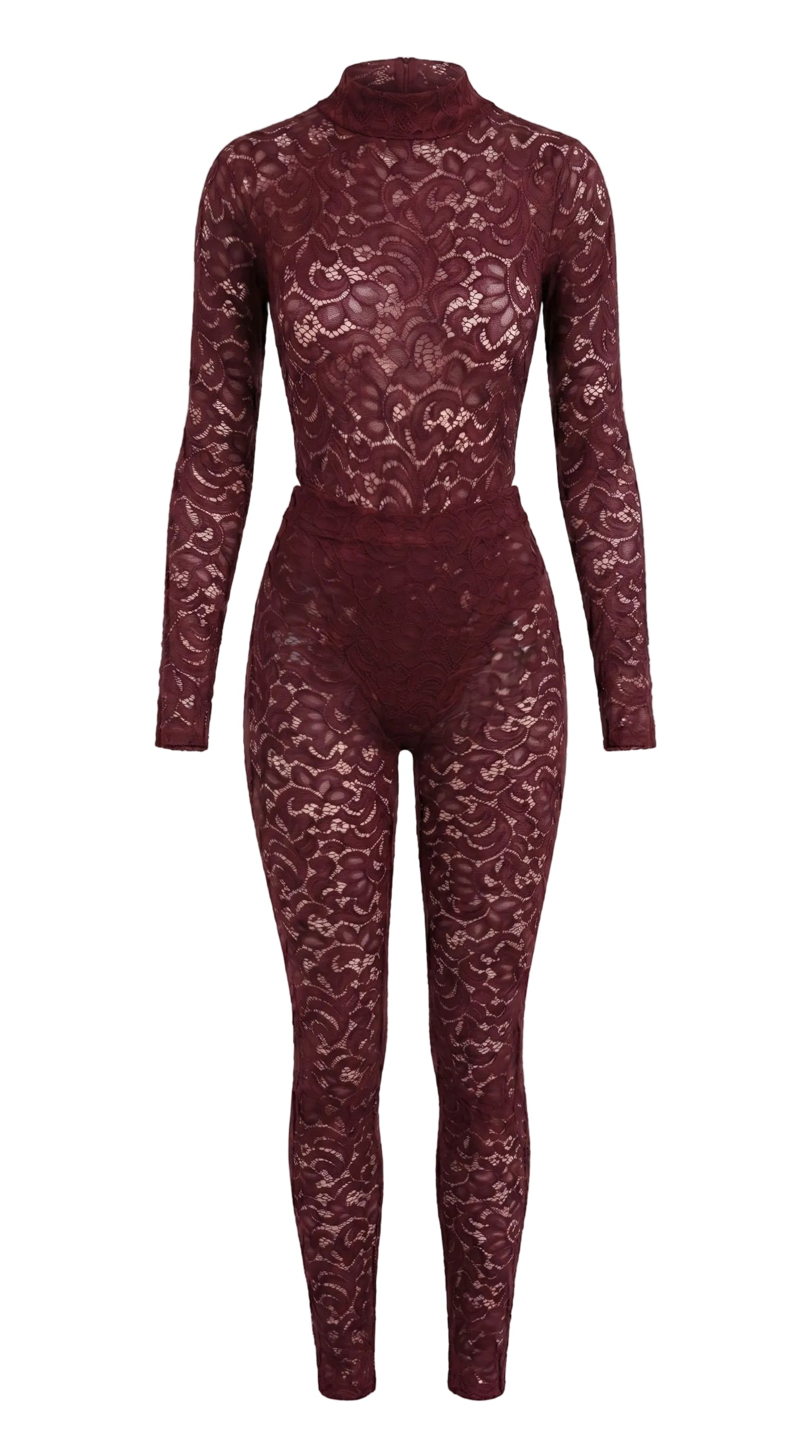 Provocative bordeaux lace jumpsuit from the Iness de Nuit series with a powerful second-skin fit.