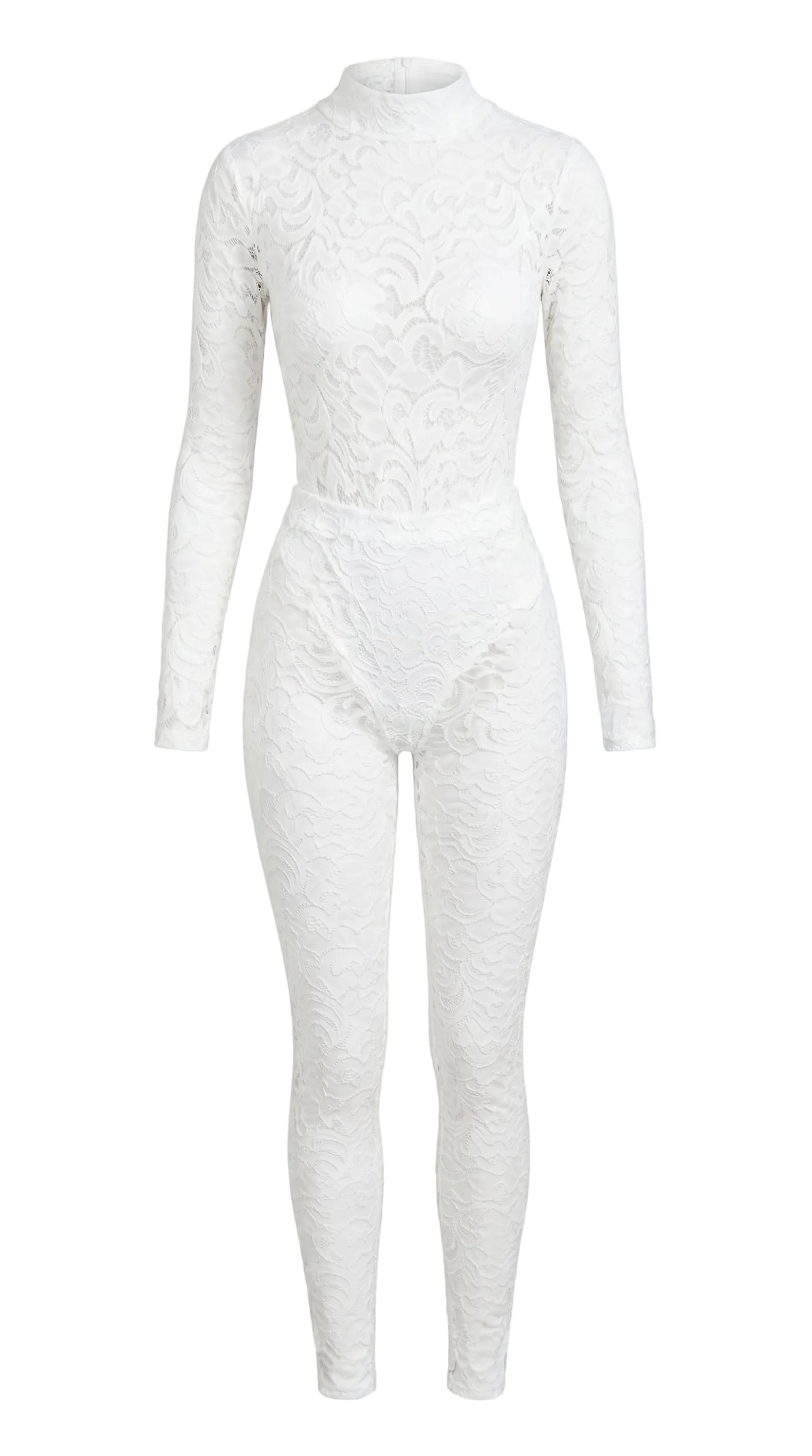Handcrafted white lace jumpsuit from the Iness de Nuit collection tailored to unique metrics.