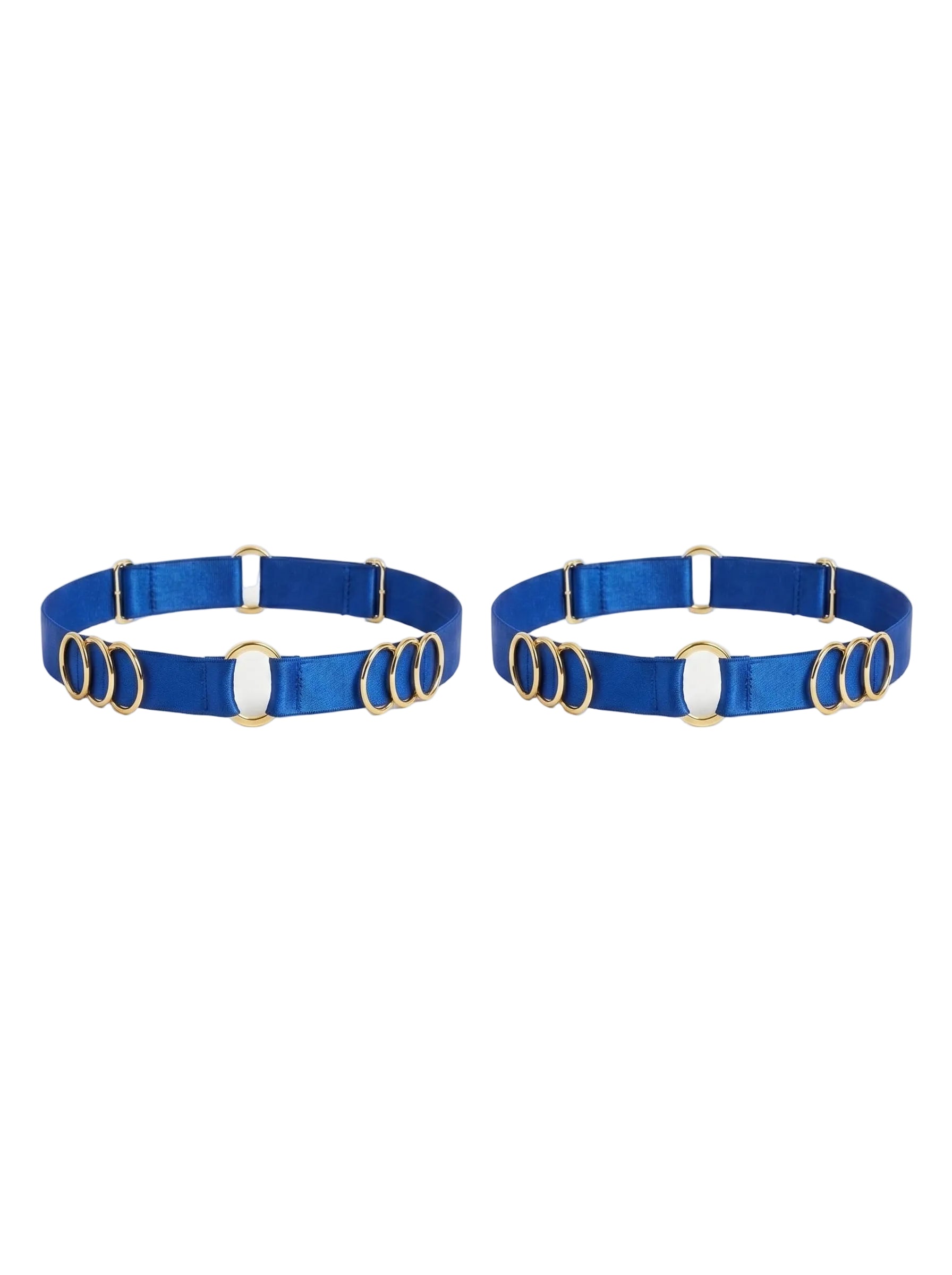 Handcrafted blue leg garter featuring signature gold-plated rings.