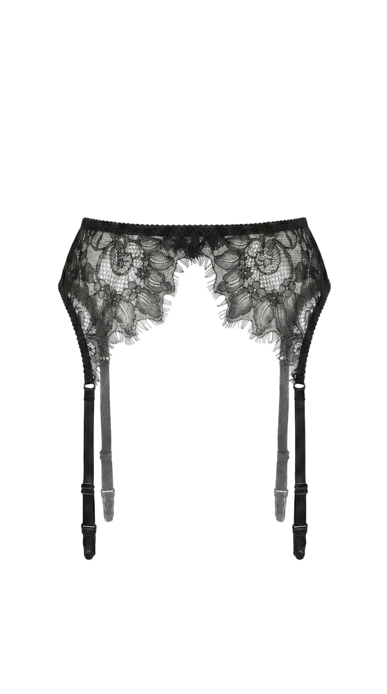 Jasmine black lace garter belt on ghost mannequin