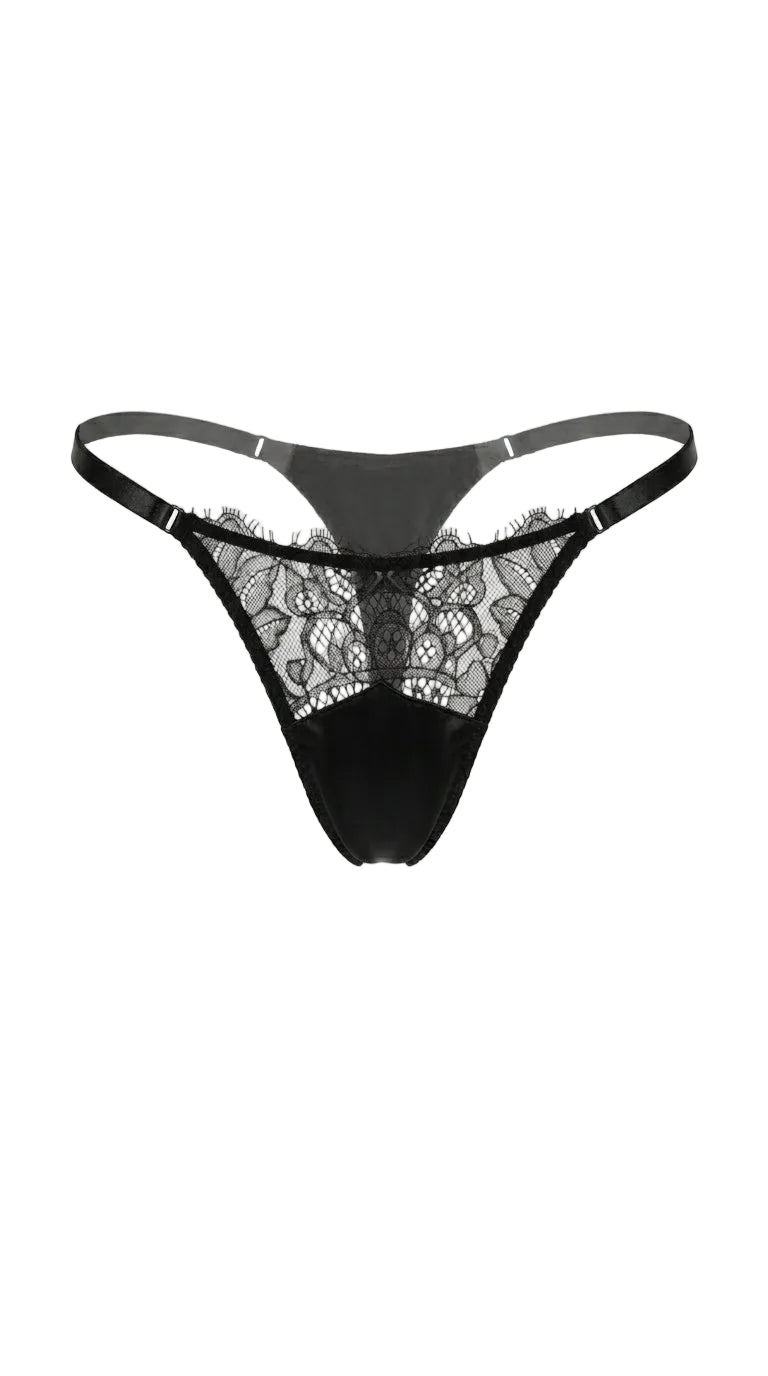 Jasmine black lace bespoke panties on model